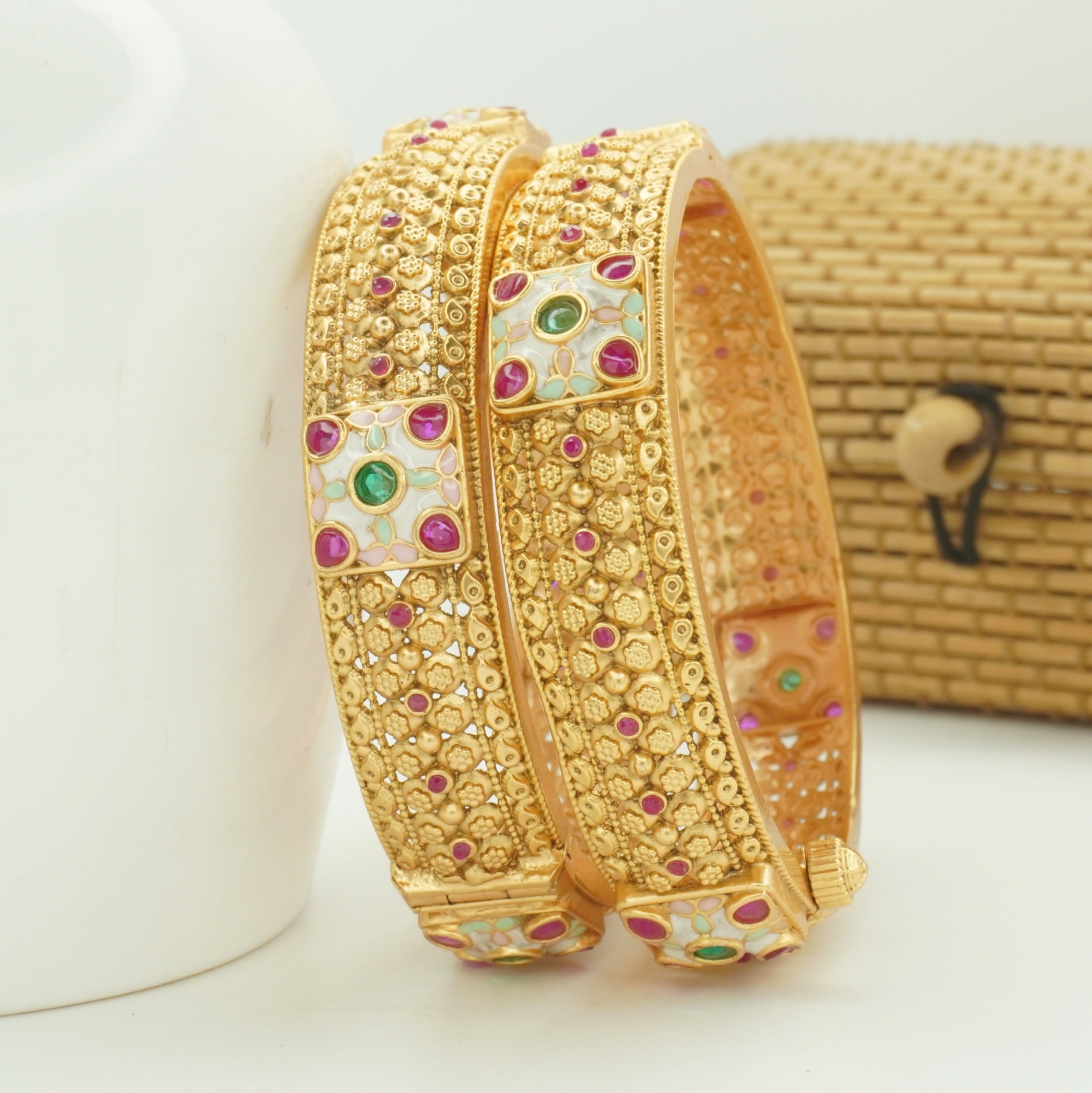 Latest Gold Plated Designer Meenakari Kangan Bangles Pair for Women Traditional Wedding Party Wear
