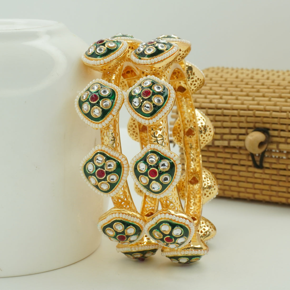 Handcrafted Indian Gold Plated Kundan Meenakari Pearl Bridal Bangles Pair for Women Ethnic Jewelry