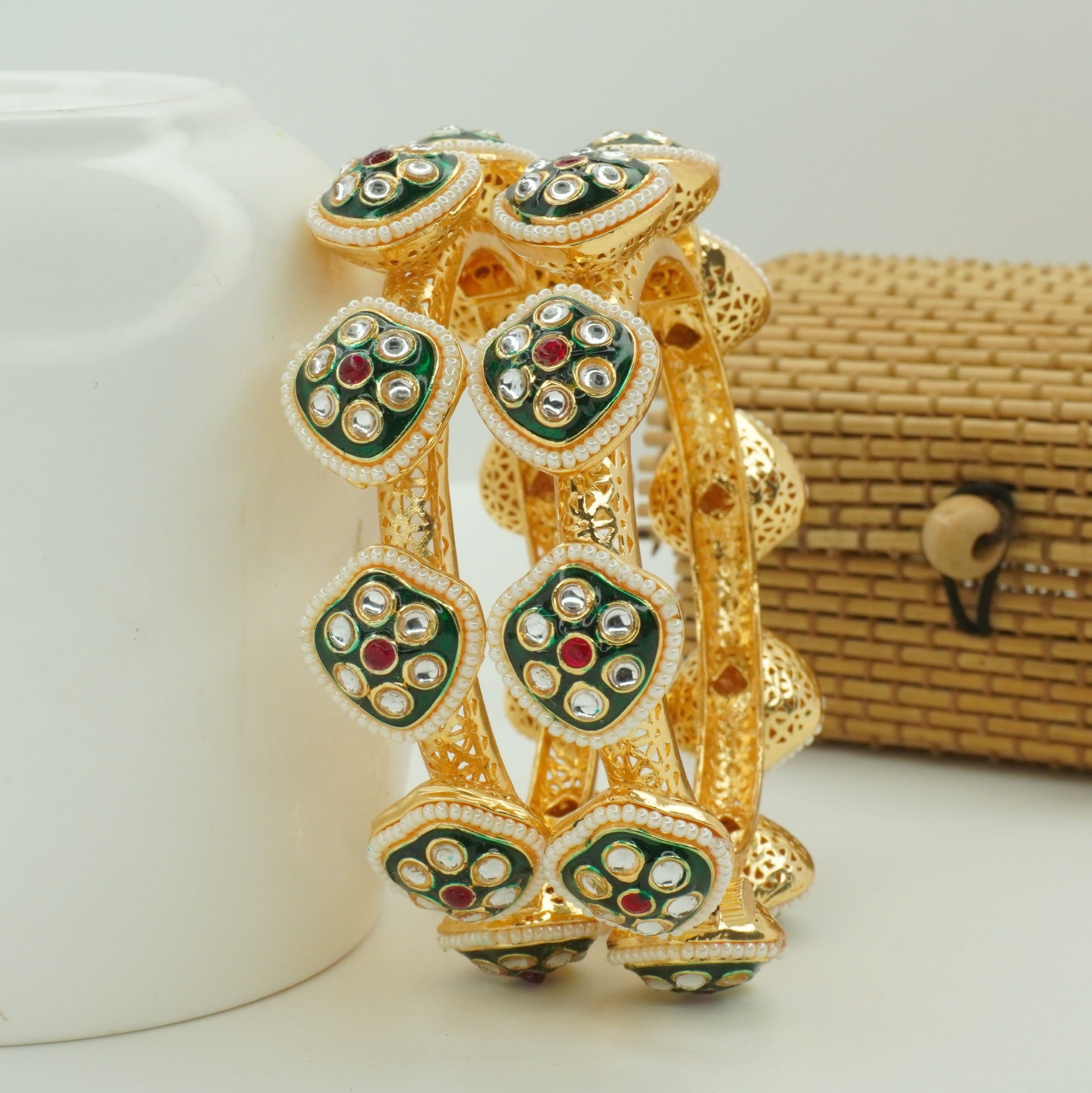 Handcrafted Indian Gold Plated Kundan Meenakari Pearl Bridal Bangles Pair for Women Ethnic Jewelry