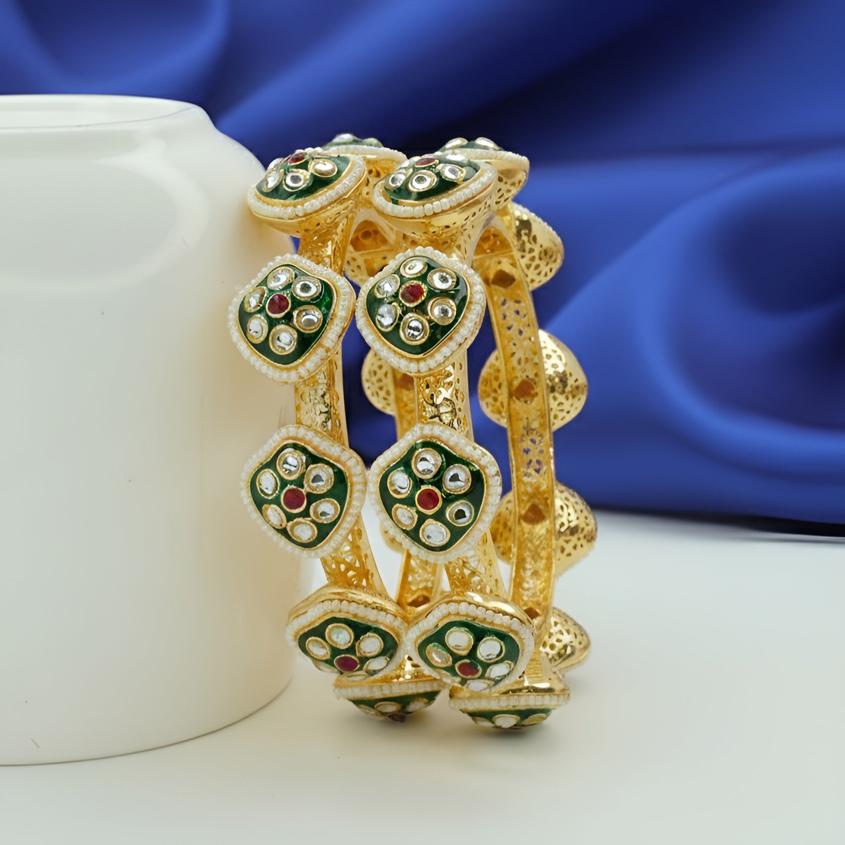 Handcrafted Indian Gold Plated Kundan Meenakari Pearl Bridal Bangles Pair for Women Ethnic Jewelry