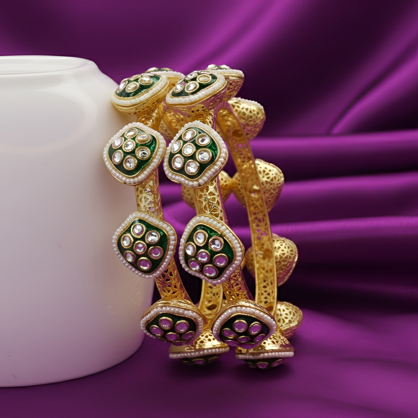 Trending Gold Plated Green Kundan Bangles – Luxury Bridal Wedding Kangan for Women