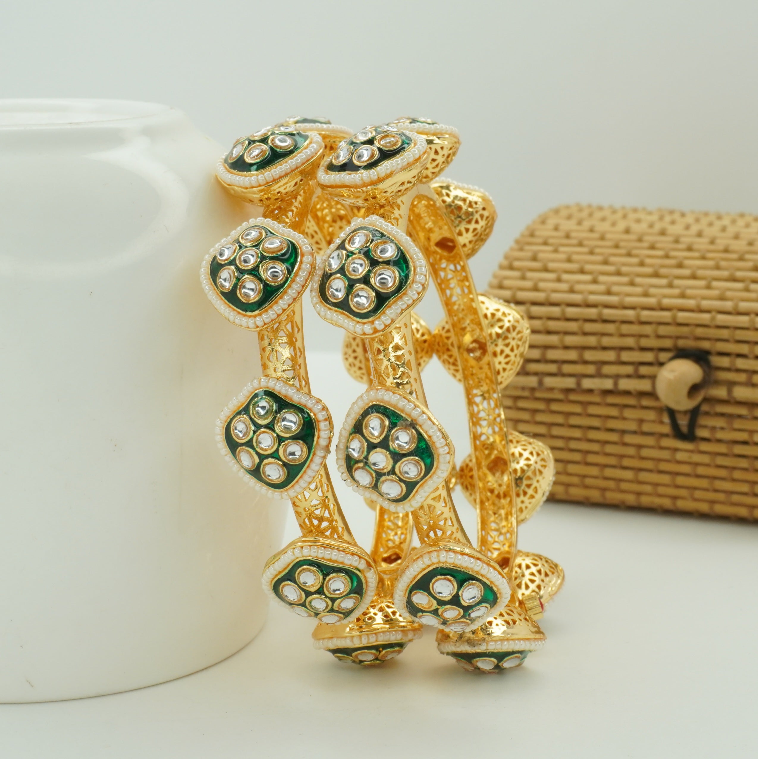 Trending Gold Plated Green Kundan Bangles – Luxury Bridal Wedding Kangan for Women