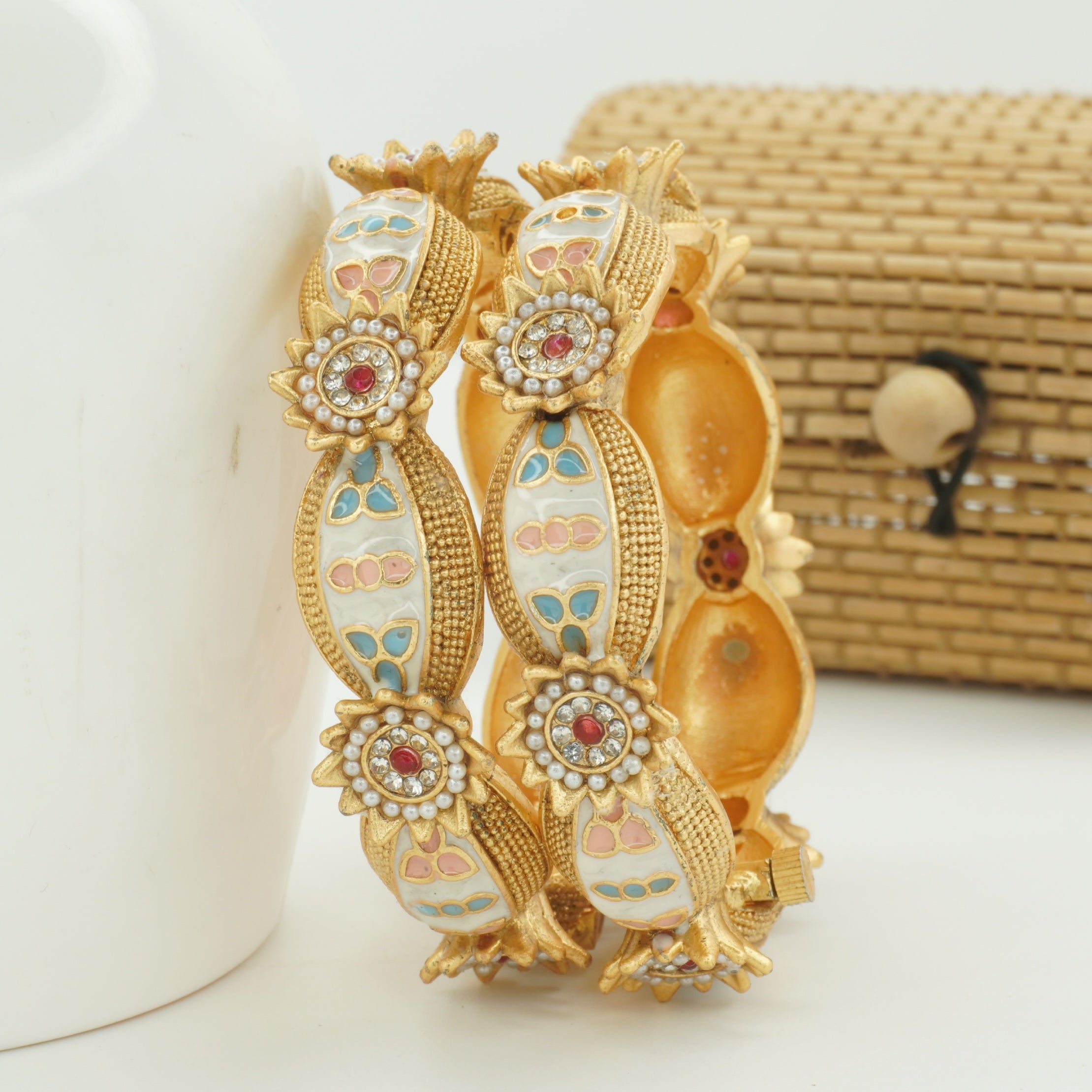 Premium Gold Plated Meenakari Kangan Bangles Pair for Women Traditional Wedding Bridal Party Wear