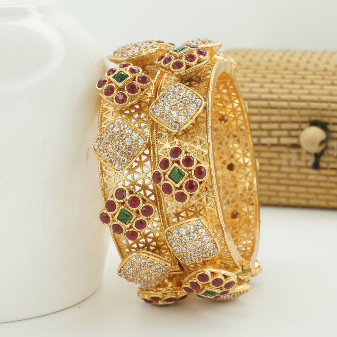 Luxury Gold Plated Ruby Emerald Designer Kangan Bangles for Women | Bridal & Festive Collection