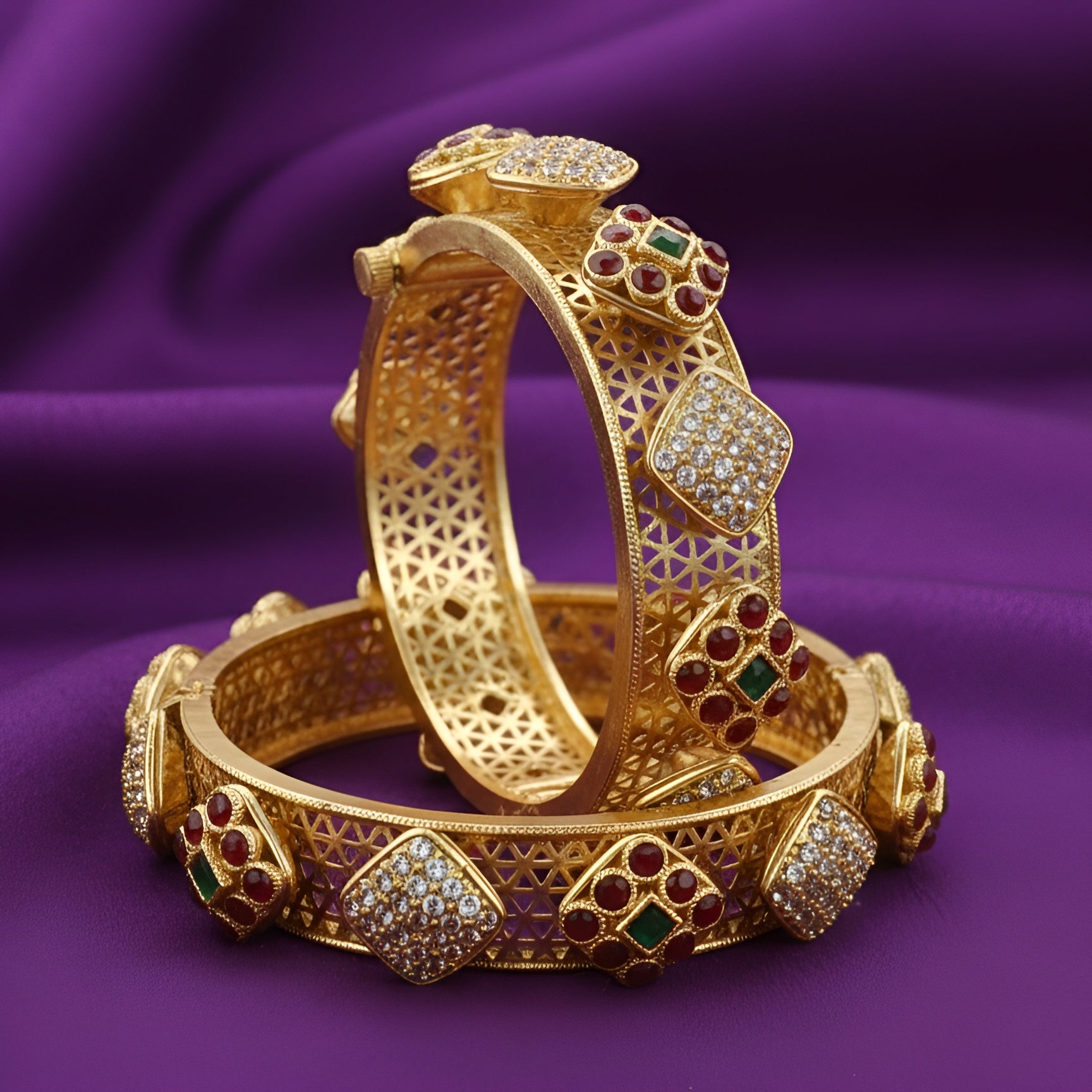 Luxury Gold Plated Ruby Emerald Designer Kangan Bangles for Women | Bridal & Festive Collection
