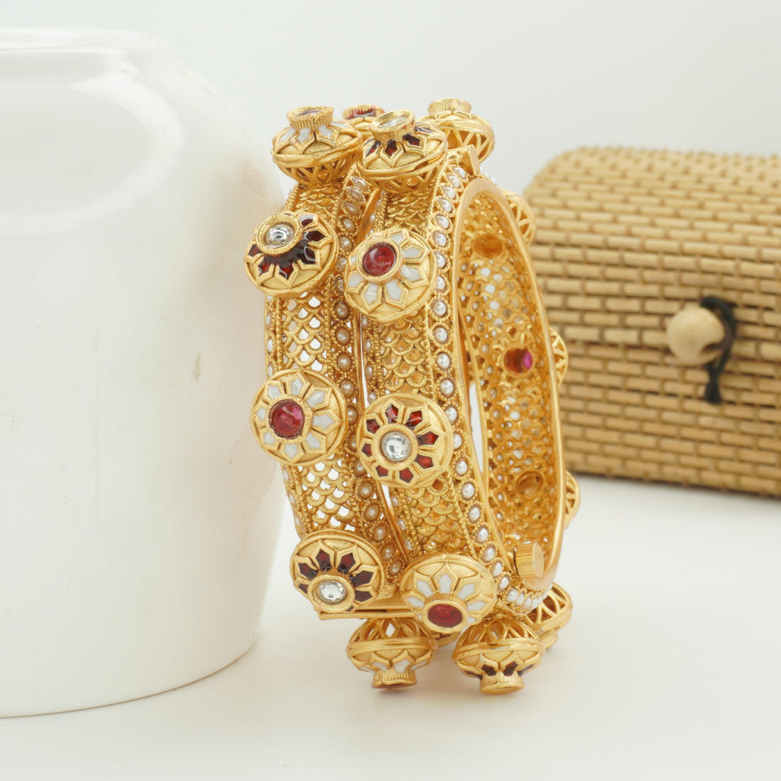 Designer Gold Plated Meenakari Bangles Pair for Women – Pearl Work Wedding Party Wear Kangan