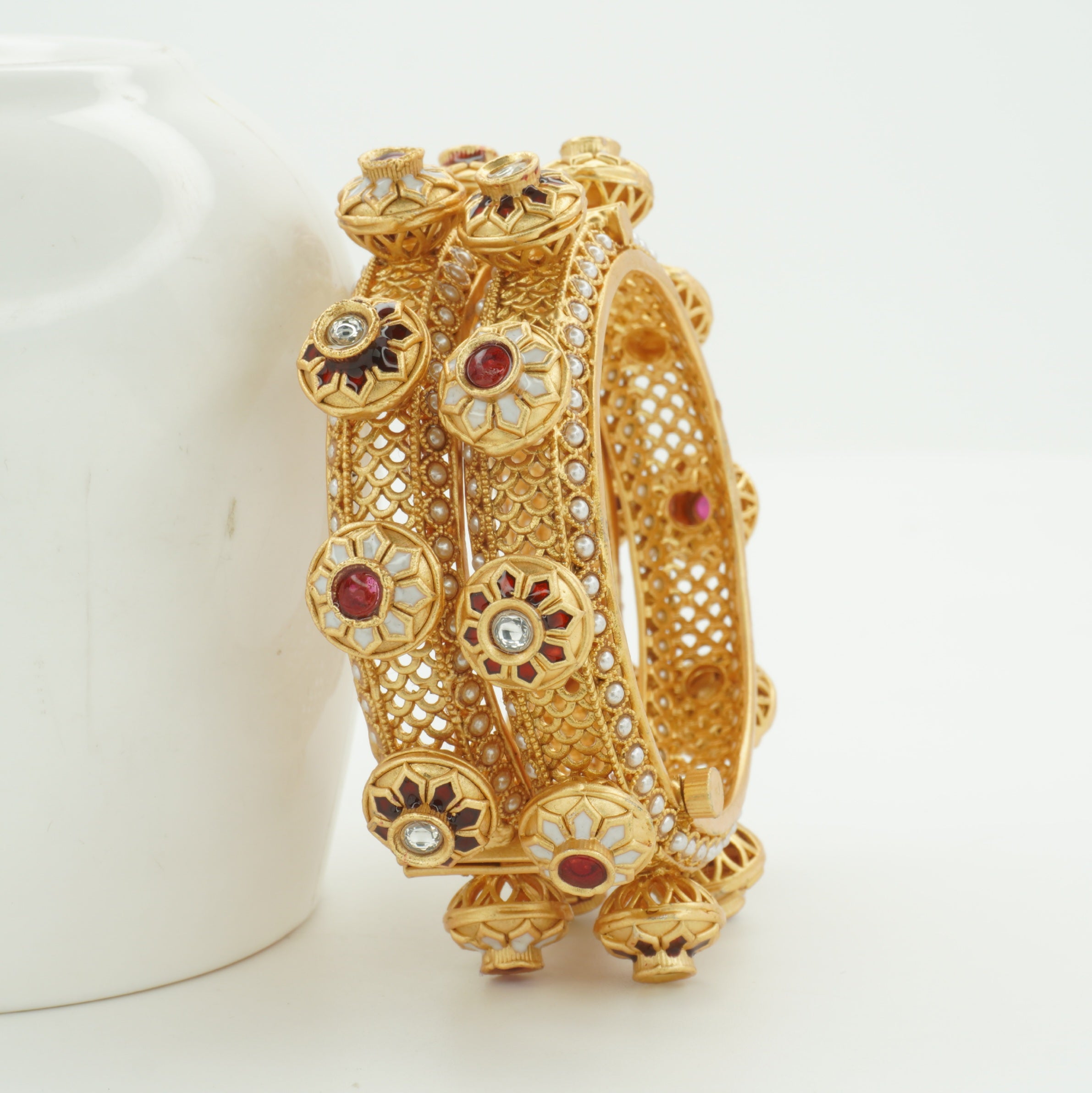 Designer Gold Plated Meenakari Bangles Pair for Women – Pearl Work Wedding Party Wear Kangan
