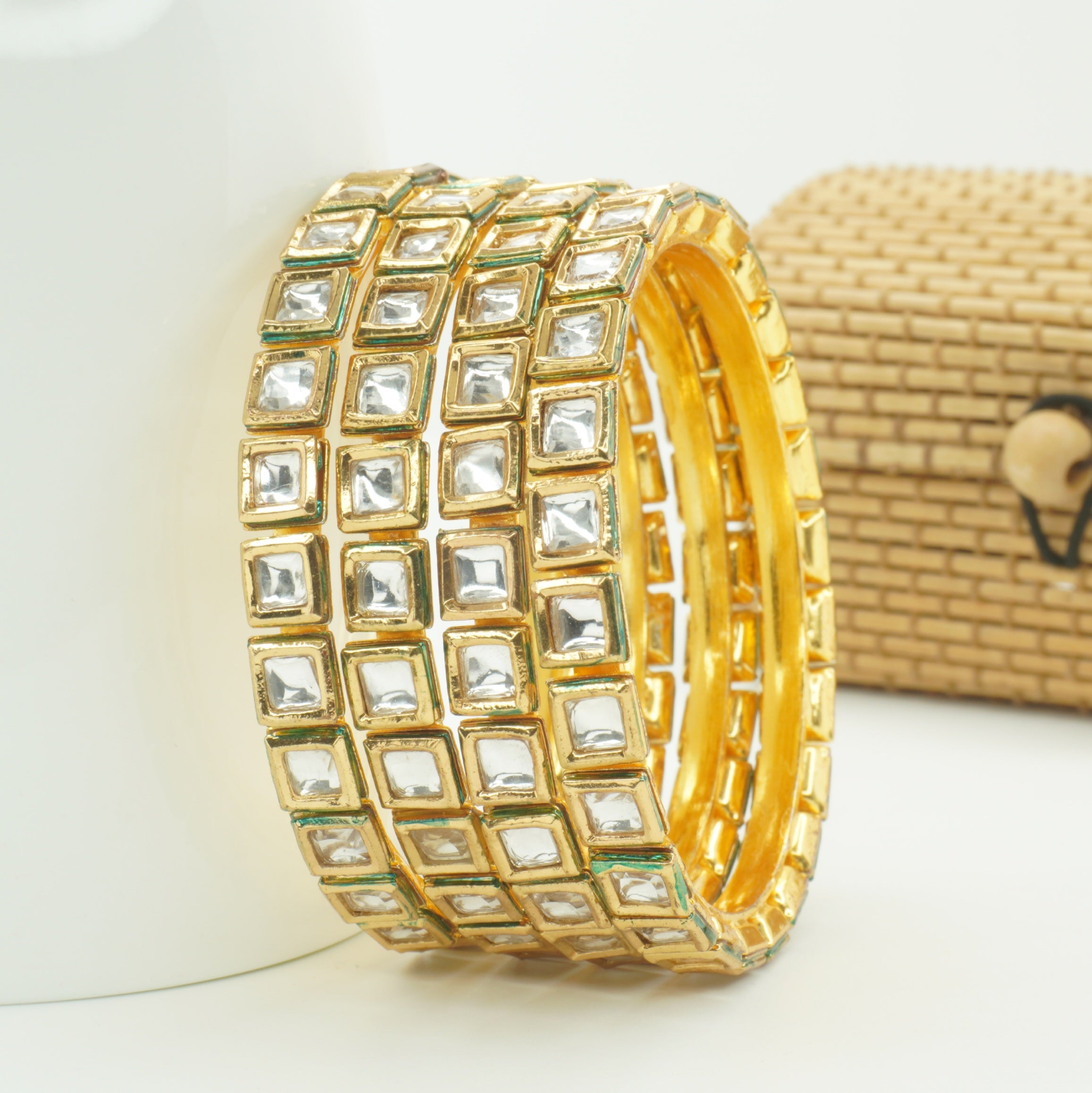 Premium Traditional Gold Plated Square Kundan Bridal Bangles Set for Wedding Wear
