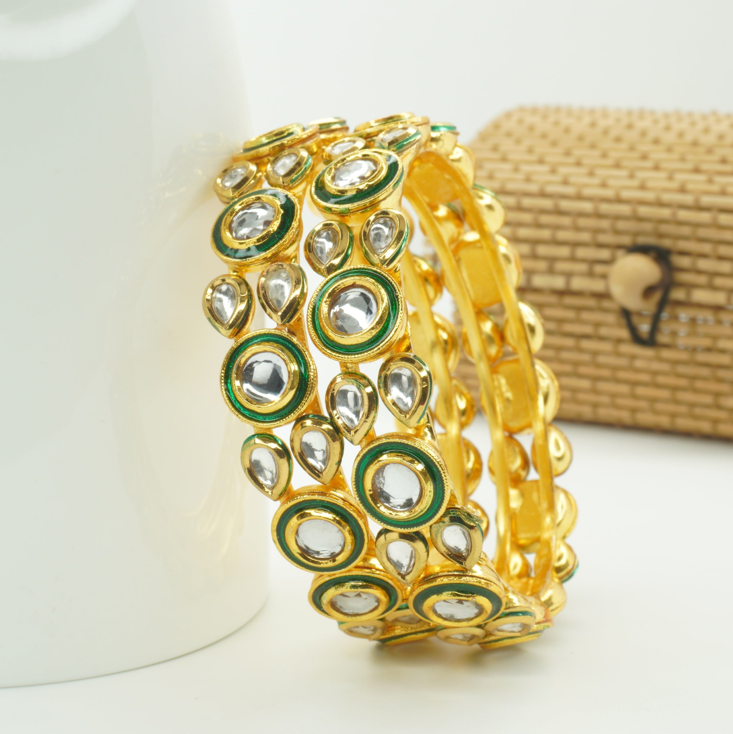 Designer Green Meenakari Kundan Bangles for Women - Wedding Party Wear Ethnic Kangan Set
