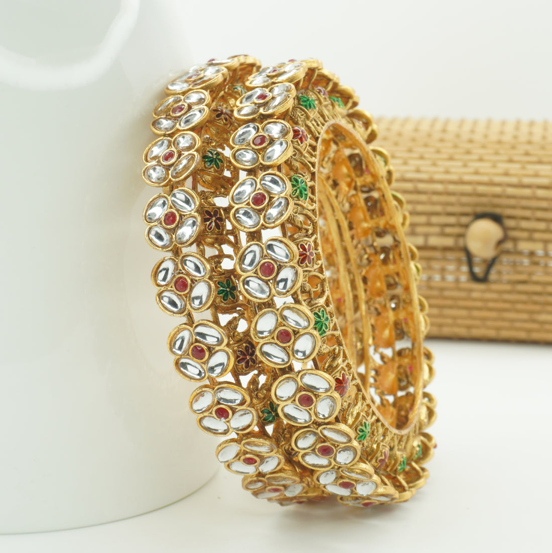 Latest Gold Plated Kundan Meenakari Kangan Pair for Women Wedding Party Wear Traditional Bangles