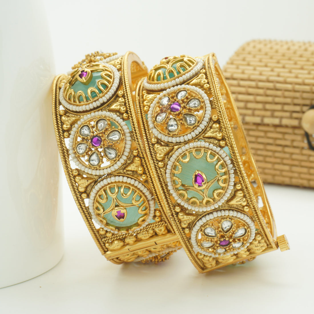 Designer Gold Plated Meenakari Kundan Bangles Pair for Women - Latest Wedding Party Wear Kangan