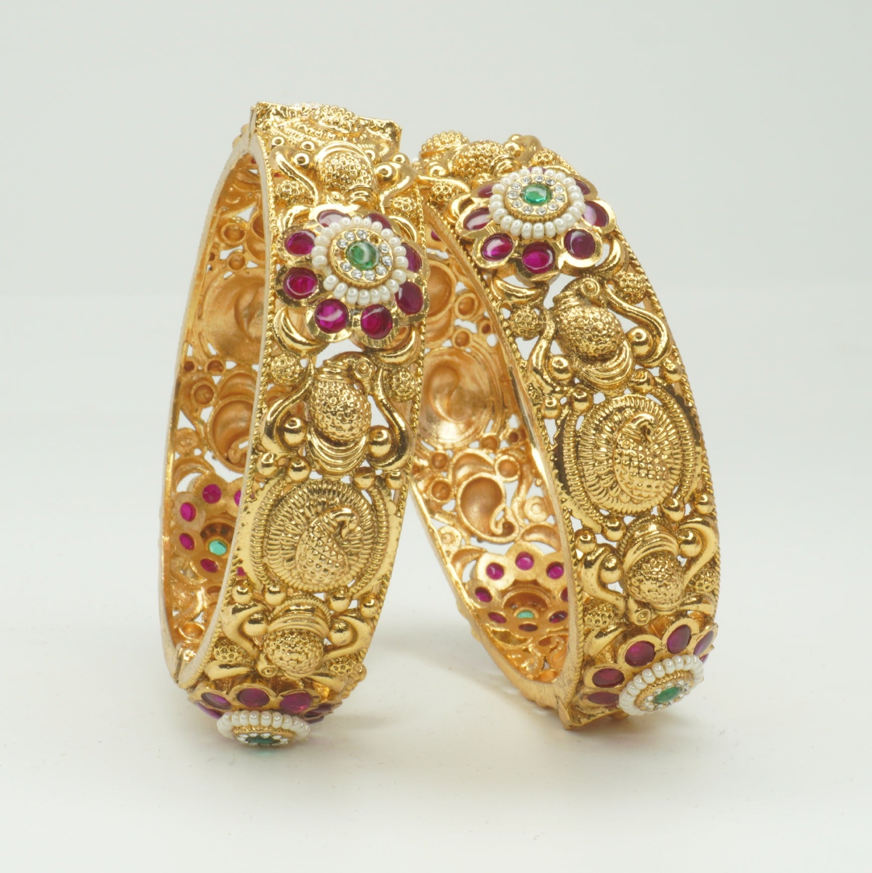 Premium Temple Bangles for Women - Luxury Gold Plated Ruby Pearl Bridal Kangan Pair