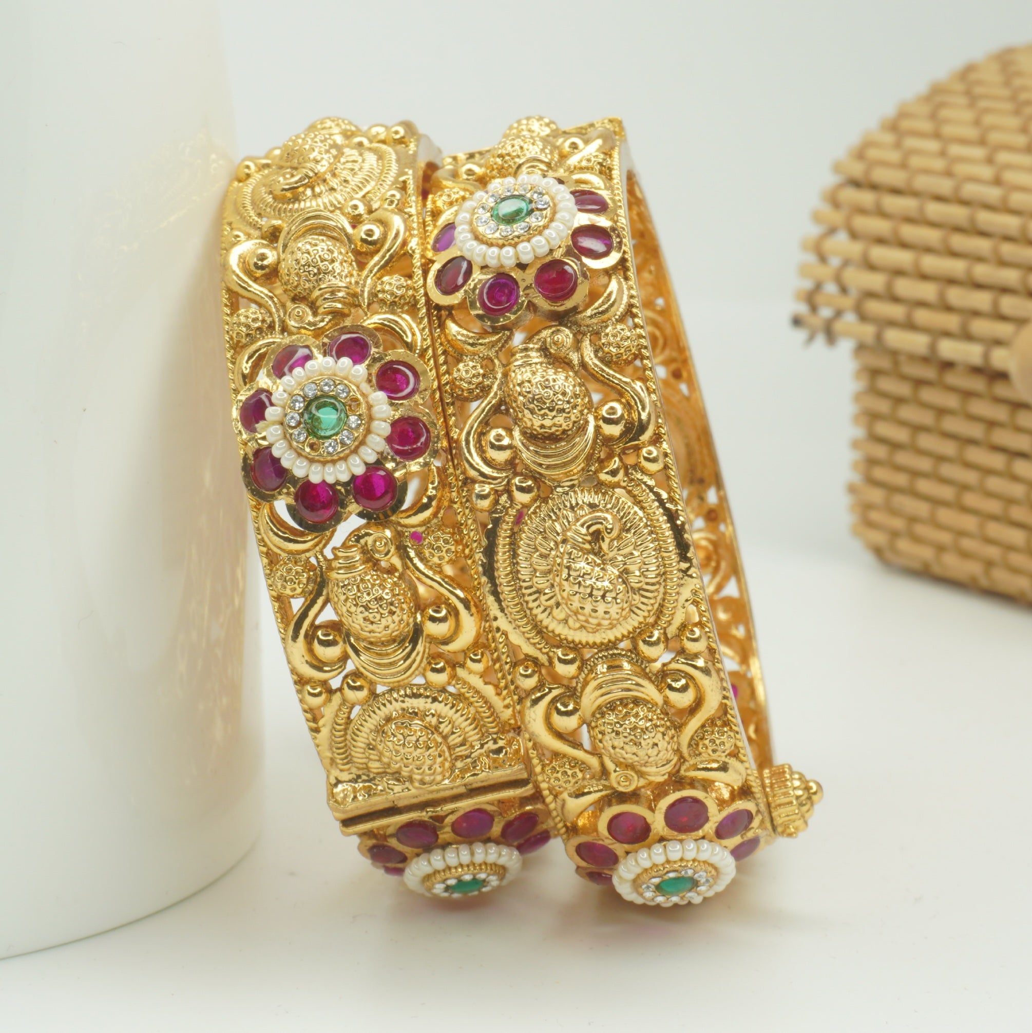 Premium Temple Bangles for Women - Luxury Gold Plated Ruby Pearl Bridal Kangan Pair