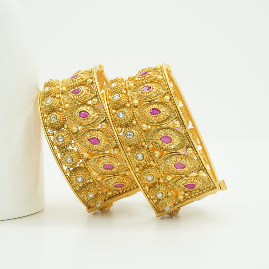 Designer Gold Plated Ruby AD Filigree Openable Kangan Bangles Pair for Women Bridal Wedding Traditional Ethnic Party Wear