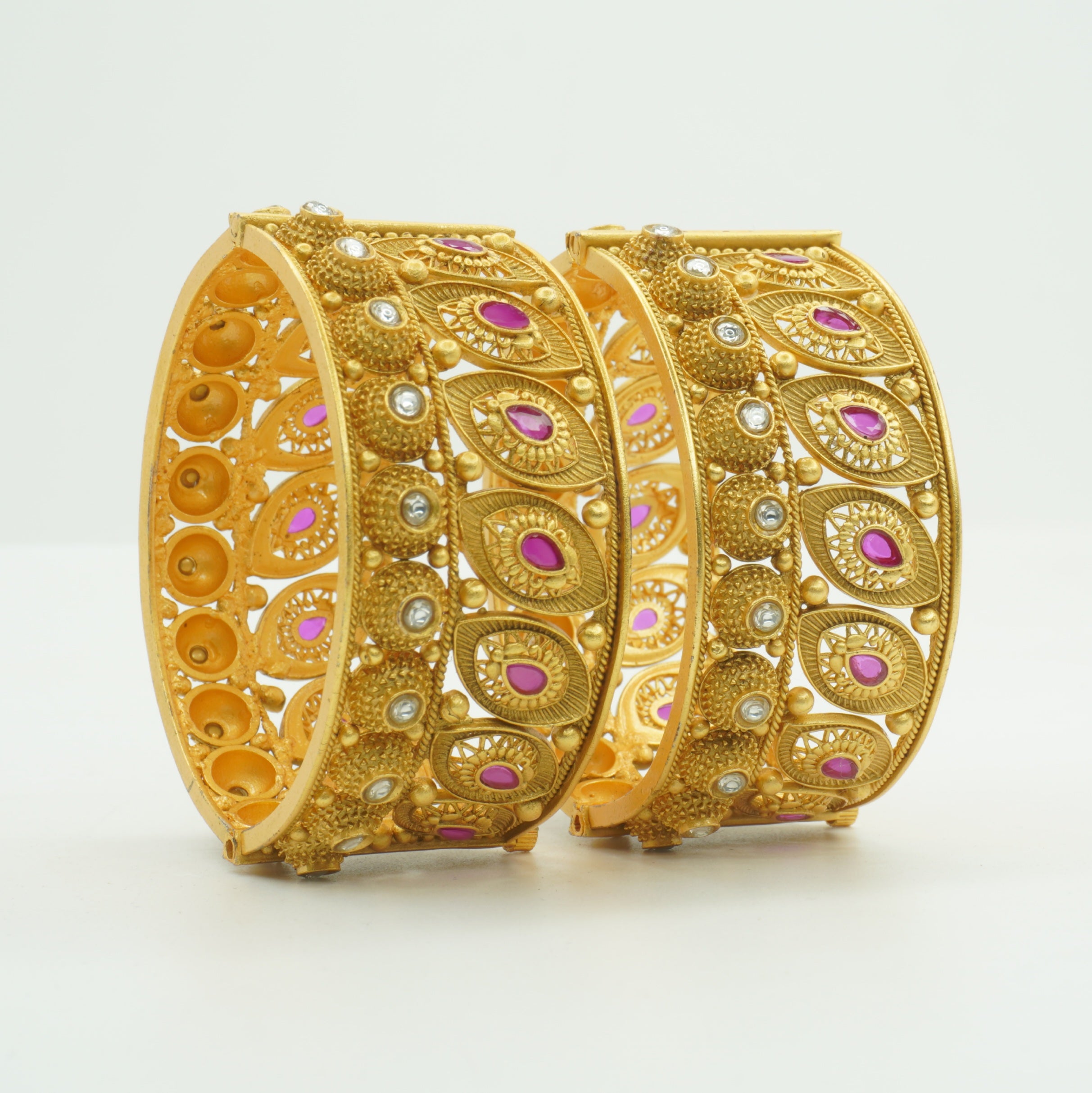 Designer Gold Plated Ruby AD Filigree Openable Kangan Bangles Pair for Women Bridal Wedding Traditional Ethnic Party Wear