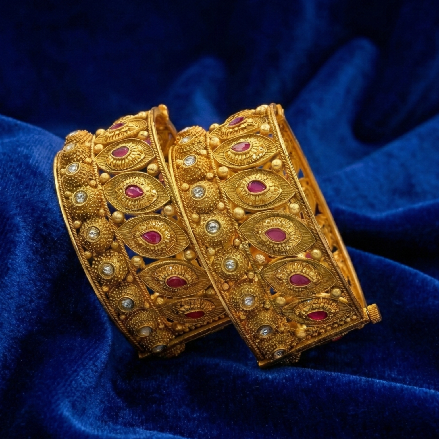 Designer Gold Plated Ruby AD Filigree Openable Kangan Bangles Pair for Women Bridal Wedding Traditional Ethnic Party Wear