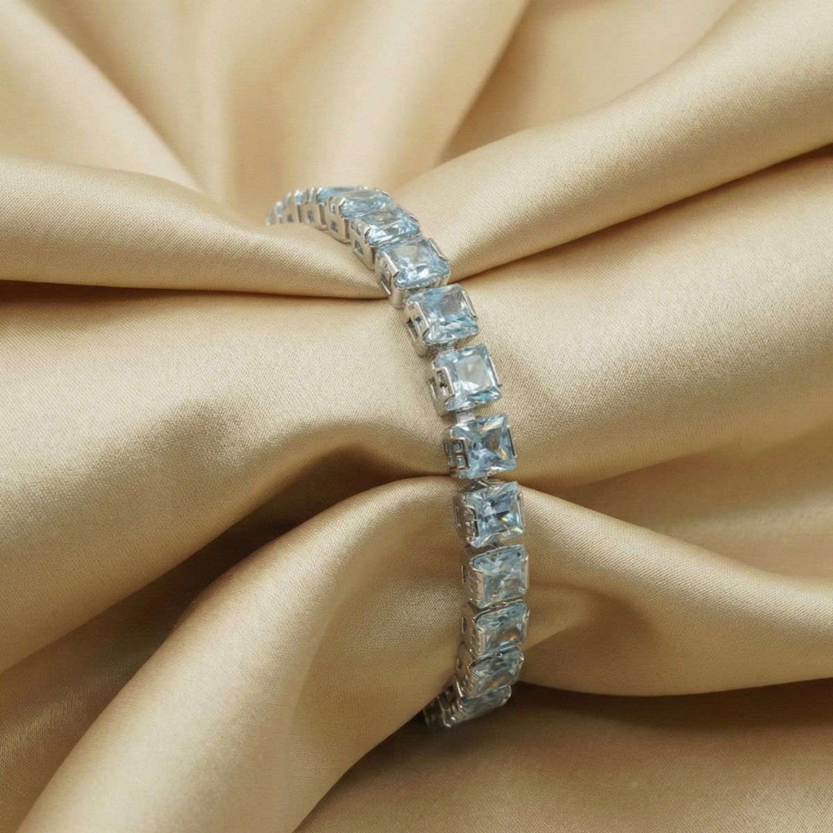 Silver-Tone Adjustable Bracelet with Aqua Blue AD Stones – Chain Tennis Bracelet for Women