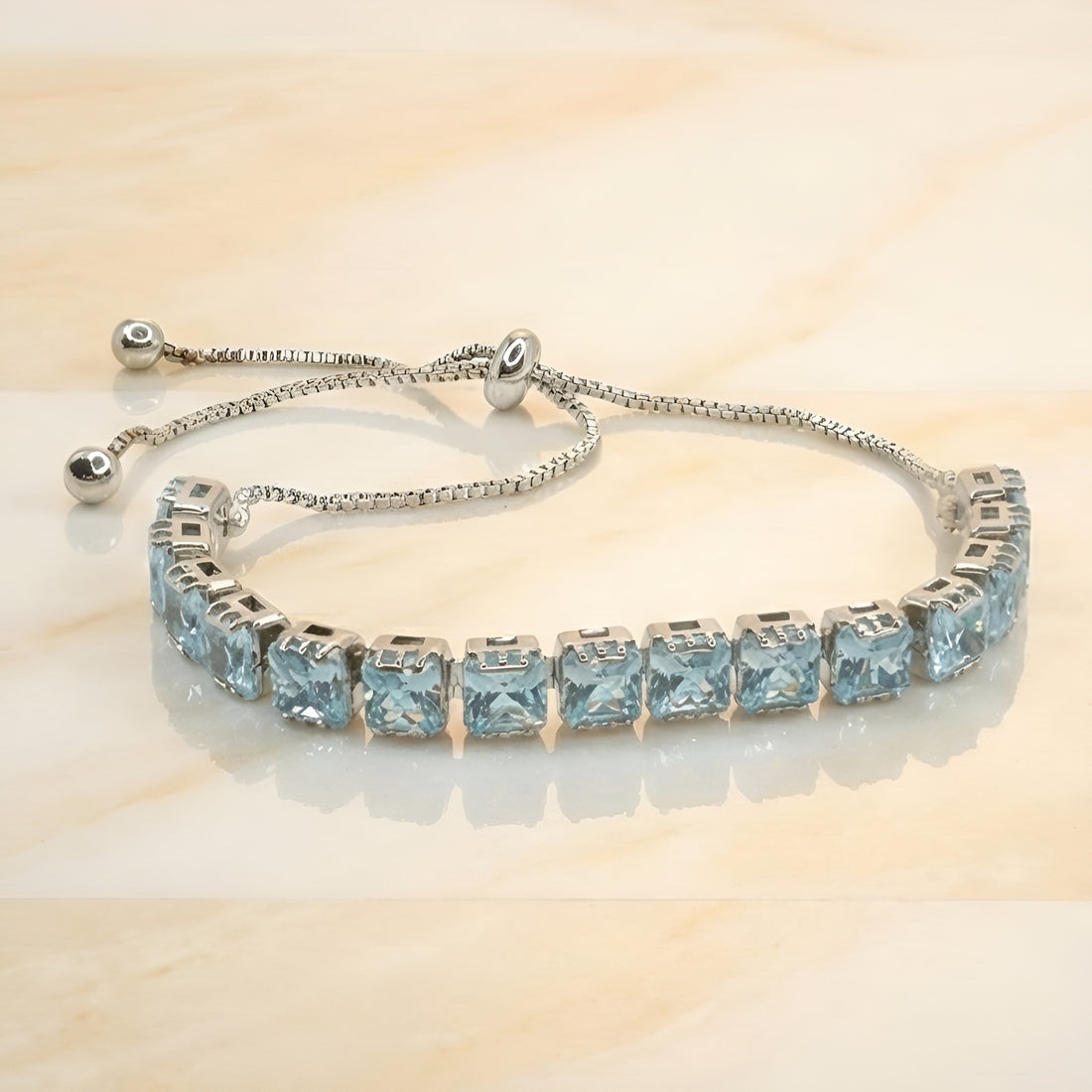 Silver-Tone Adjustable Bracelet with Aqua Blue AD Stones – Chain Tennis Bracelet for Women