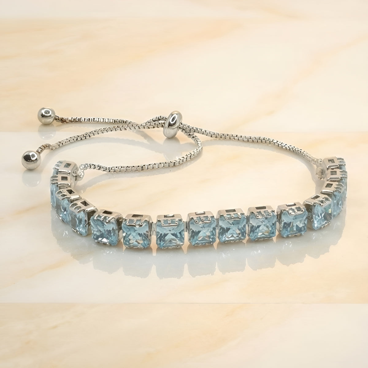 Silver-Tone Adjustable Bracelet with Aqua Blue AD Stones – Chain Tennis Bracelet for Women