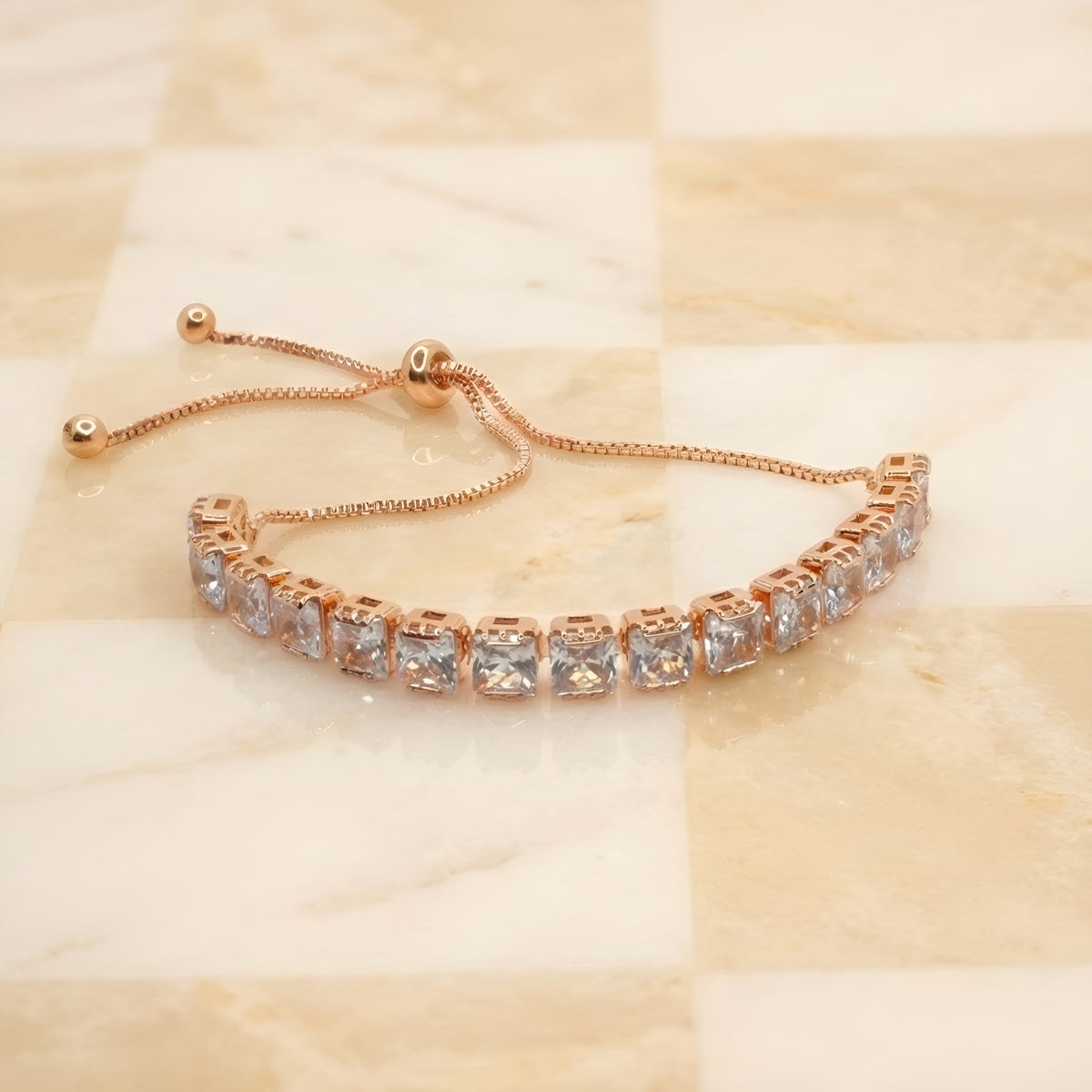 Rose Gold-Plated Adjustable Bracelet with White AD Stones – Chain Tennis Bracelet for Women