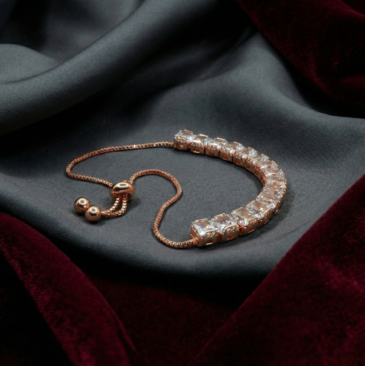 Rose Gold-Plated Adjustable Bracelet with White AD Stones – Chain Tennis Bracelet for Women