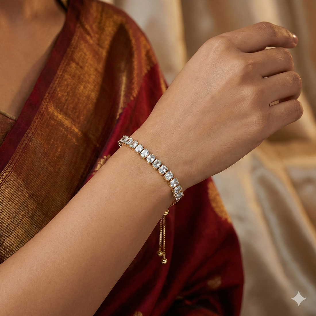 Gold -Plated Adjustable Bracelet with White AD Stones – Chain Tennis Bracelet for Women