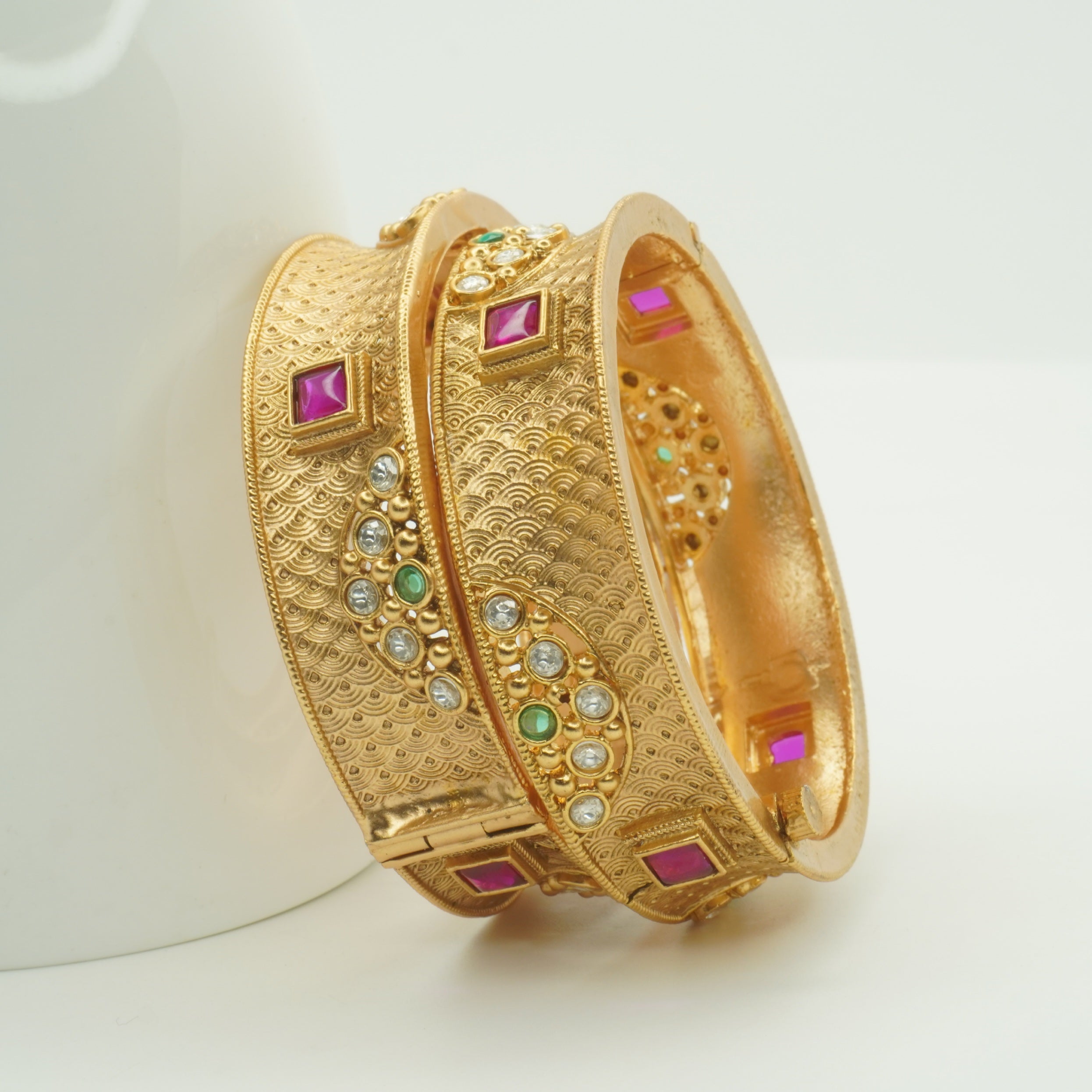 Traditional Gold Plated Bridal Kangan Bangles Pair Ruby Emerald AD Wedding Jewelry for Women