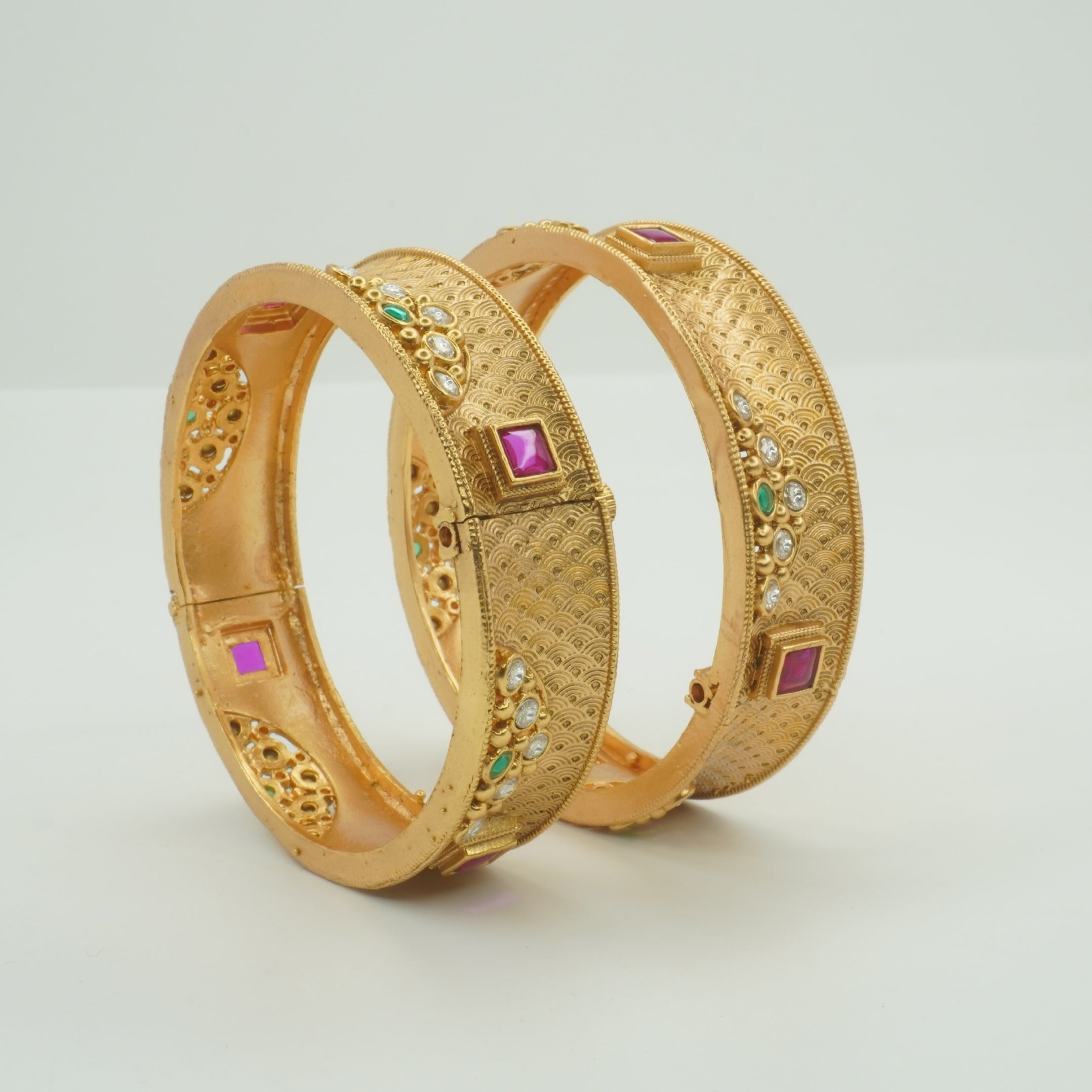 Traditional Gold Plated Bridal Kangan Bangles Pair Ruby Emerald AD Wedding Jewelry for Women