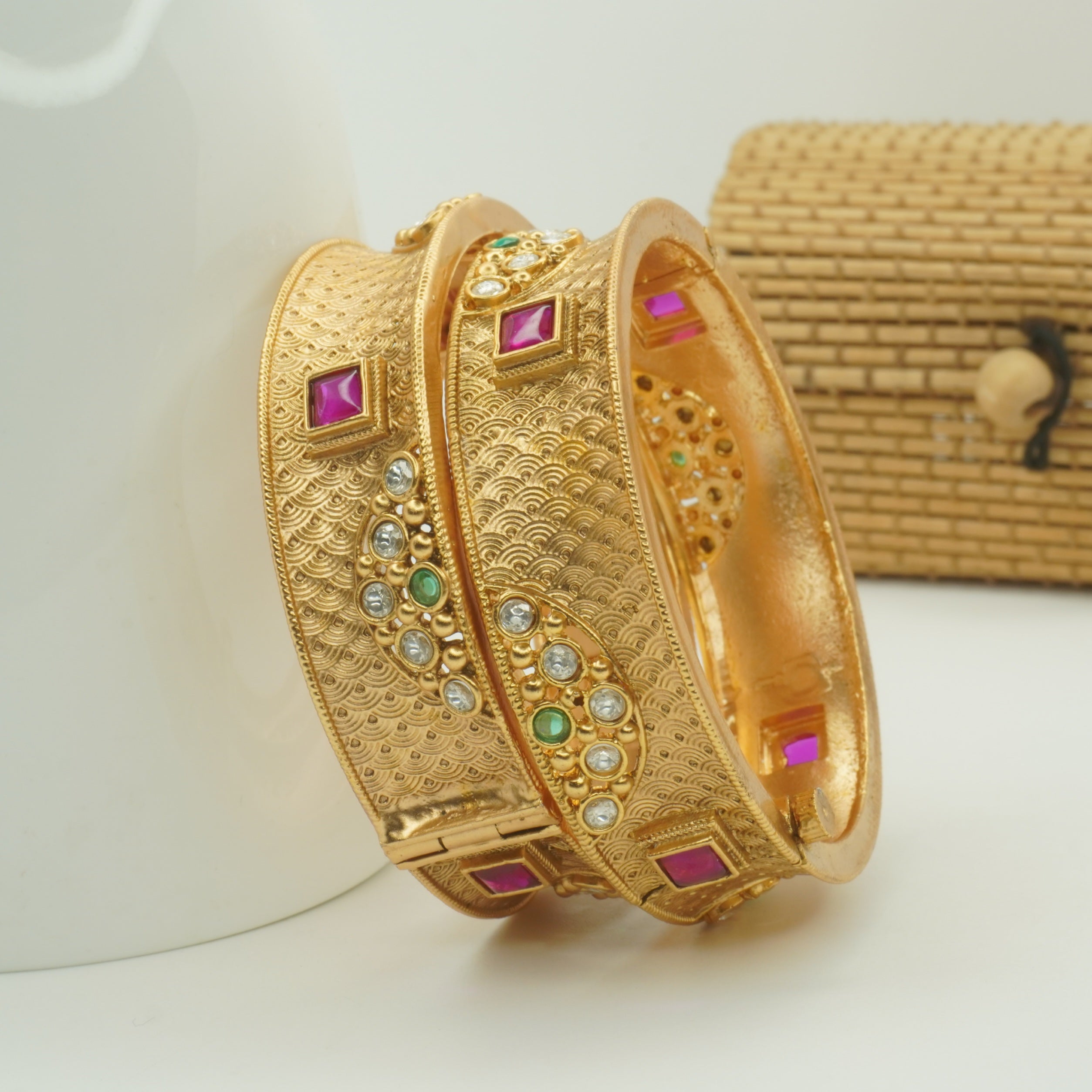 Traditional Gold Plated Bridal Kangan Bangles Pair Ruby Emerald AD Wedding Jewelry for Women