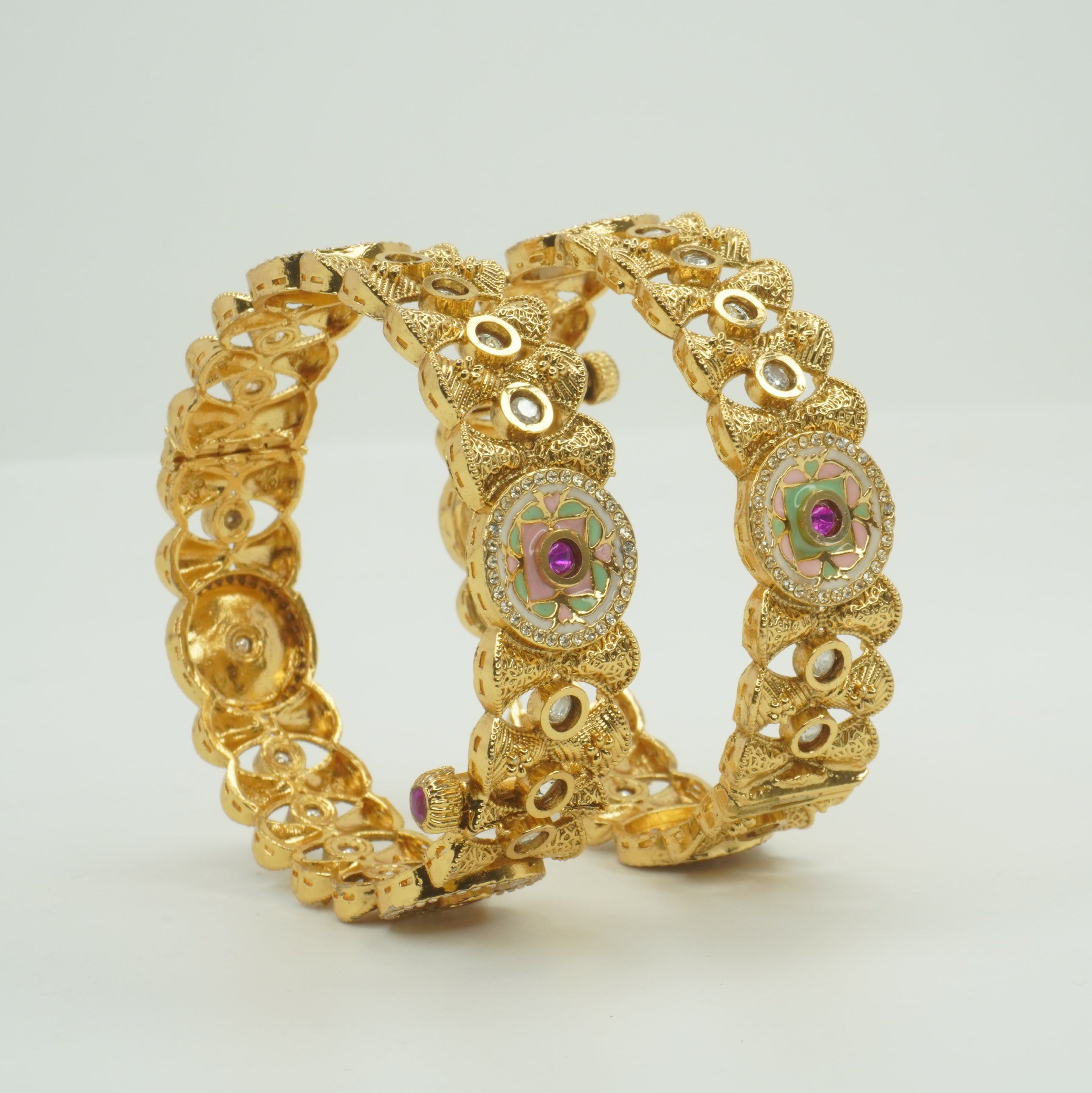 Indian Gold Tone Meenakari Kangan Bangles Pair - Traditional Statement Jewelry for Women