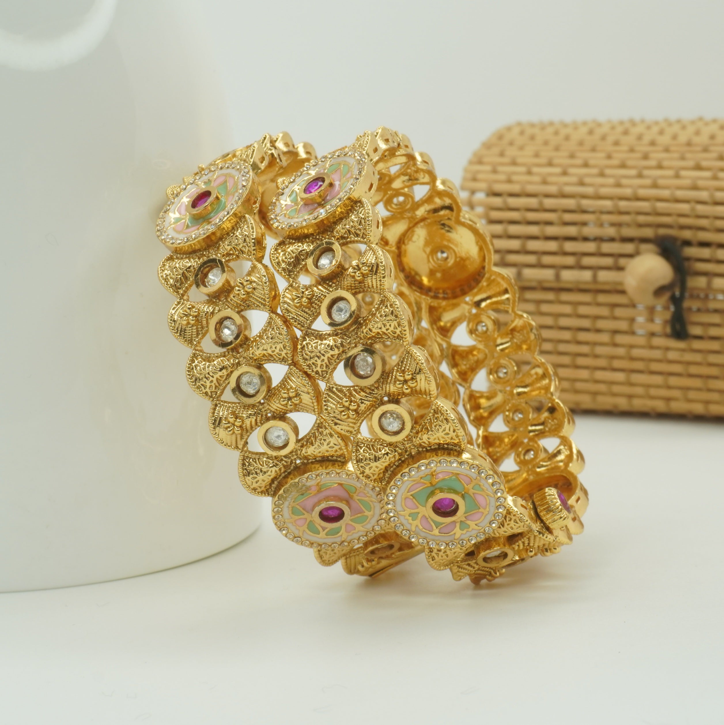 Indian Gold Tone Meenakari Kangan Bangles Pair - Traditional Statement Jewelry for Women