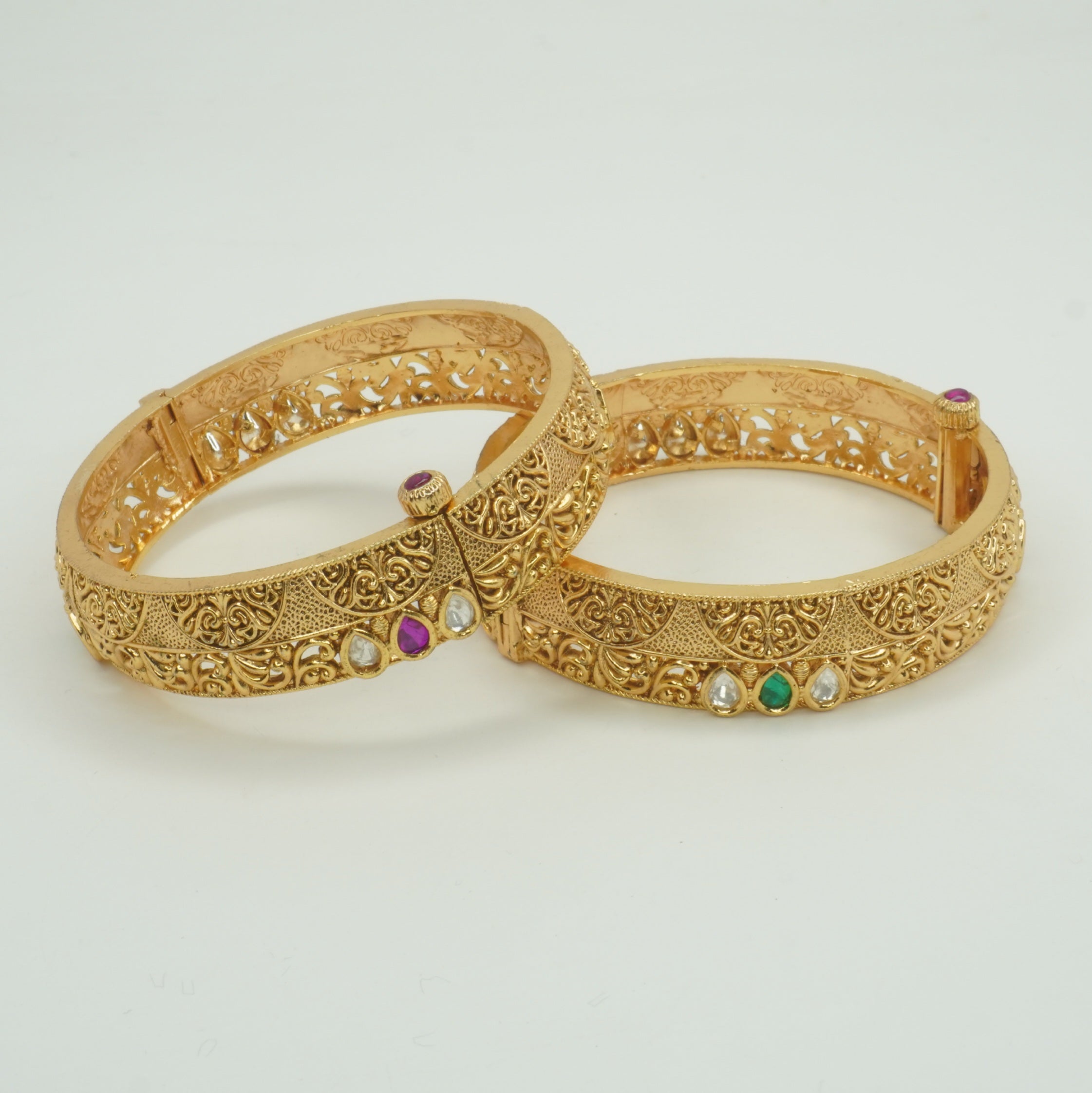 Indian Gold Plated Filigree Kundan Bridal Bangles Pair Traditional Ethnic Wedding Jewelry Gift for Women