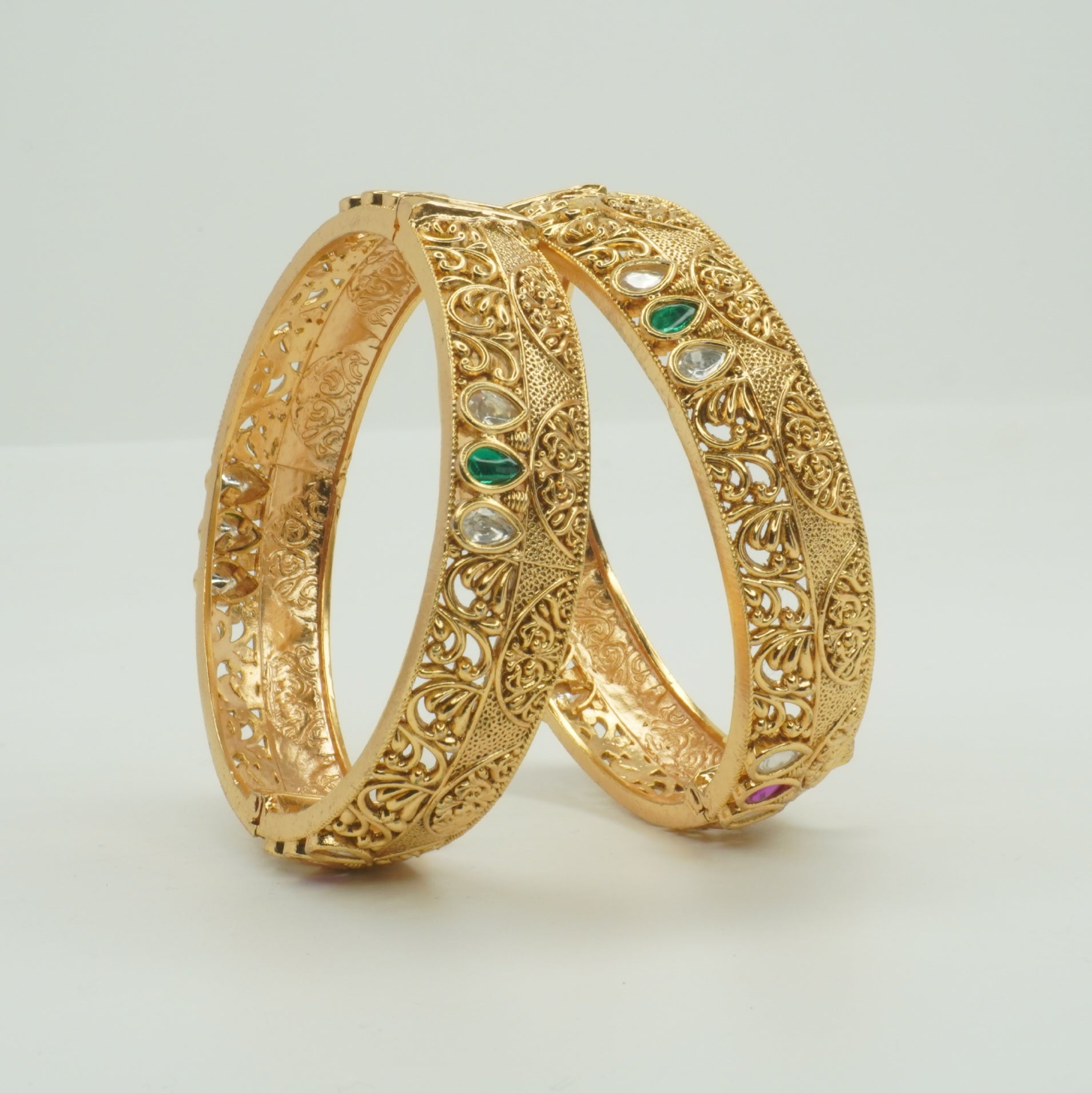 Indian Gold Plated Filigree Kundan Bridal Bangles Pair Traditional Ethnic Wedding Jewelry Gift for Women