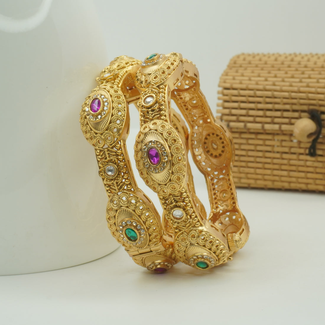 Designer Gold Plated Kundan AD Openable Kangan Pair for Women Traditional Bridal Wedding Bangles