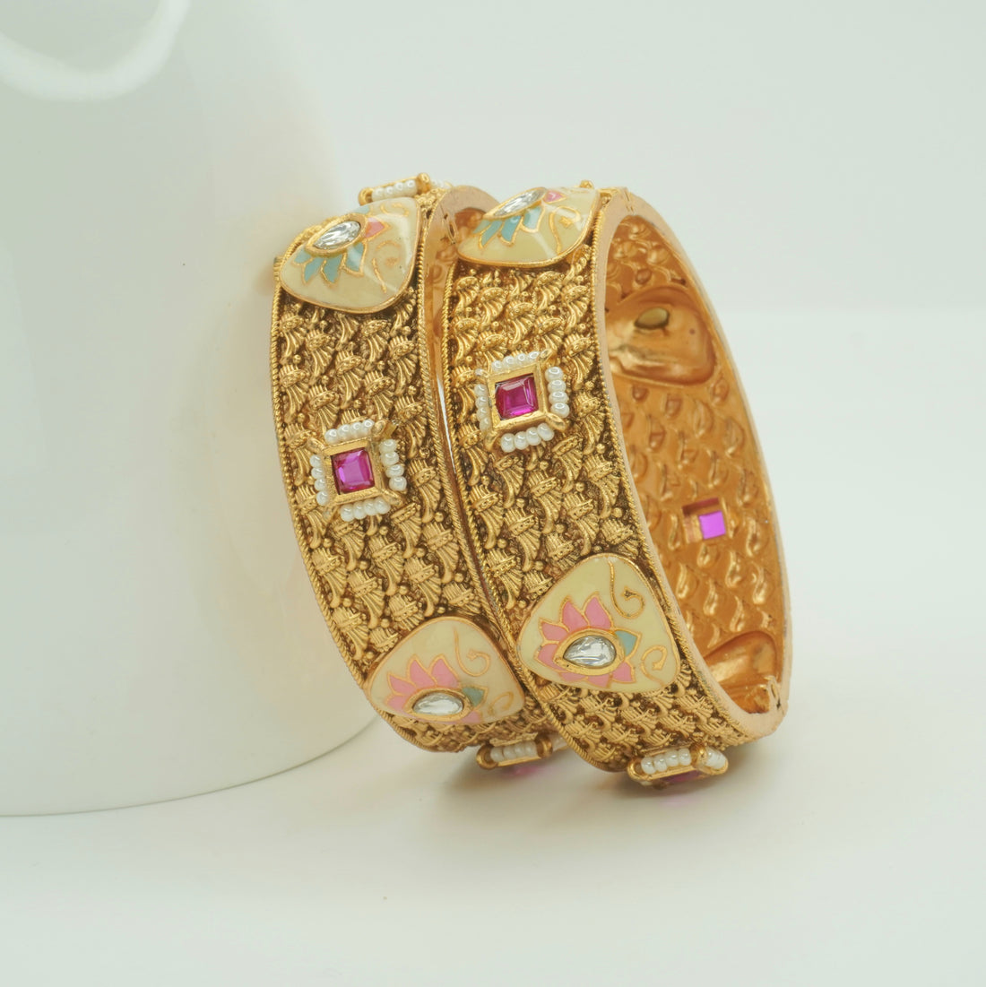 Traditional Bridal Gold Plated Meenakari Ruby Pearl Kangan Bangles Pair for Indian Wedding Jewellery