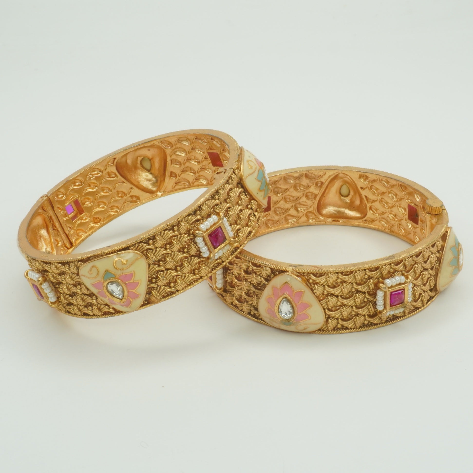 Traditional Bridal Gold Plated Meenakari Ruby Pearl Kangan Bangles Pair for Indian Wedding Jewellery