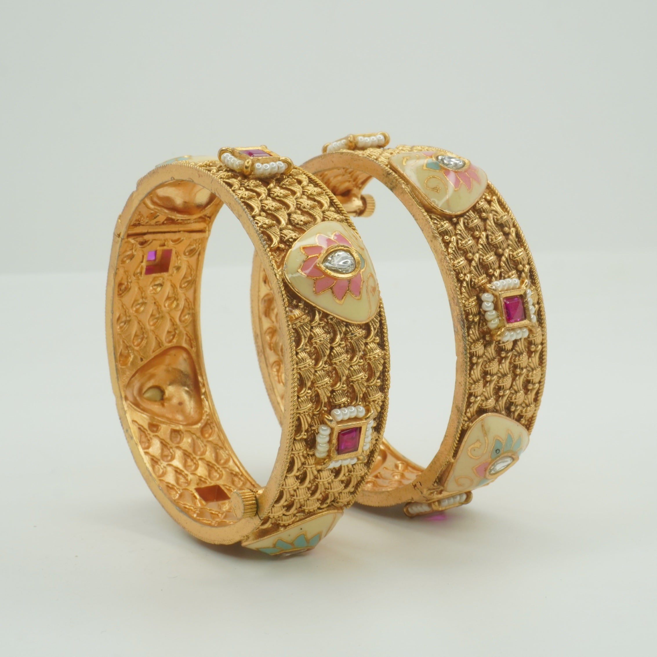 Traditional Bridal Gold Plated Meenakari Ruby Pearl Kangan Bangles Pair for Indian Wedding Jewellery