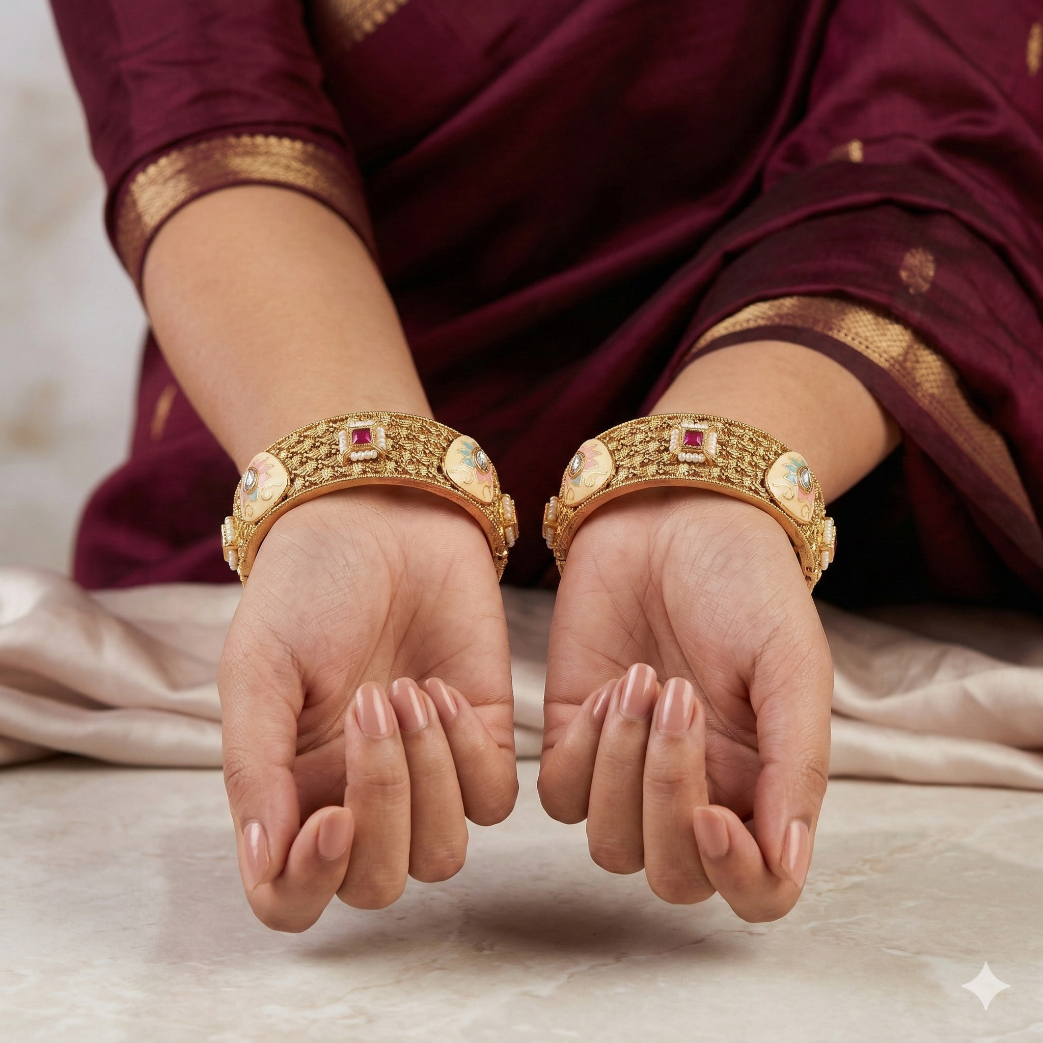 Traditional Bridal Gold Plated Meenakari Ruby Pearl Kangan Bangles Pair for Indian Wedding Jewellery