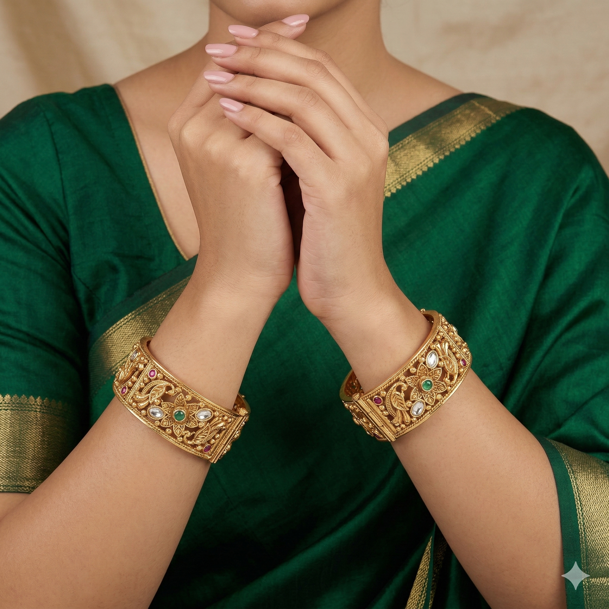 Indian Gold Plated Floral Filigree Bridal Bangles Pair with Ruby Emerald & Crystal Stones for Women