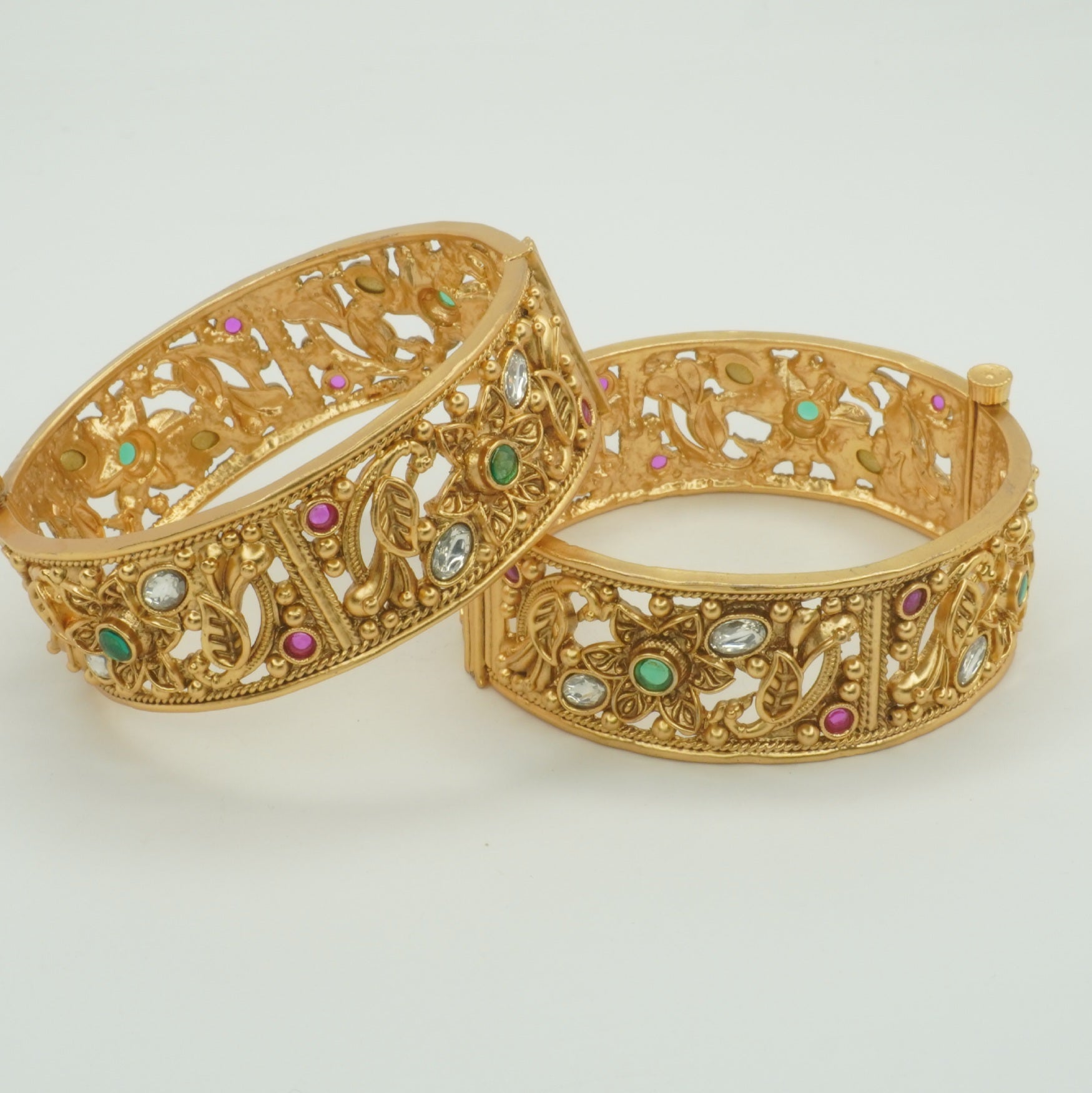 Indian Gold Plated Floral Filigree Bridal Bangles Pair with Ruby Emerald & Crystal Stones for Women