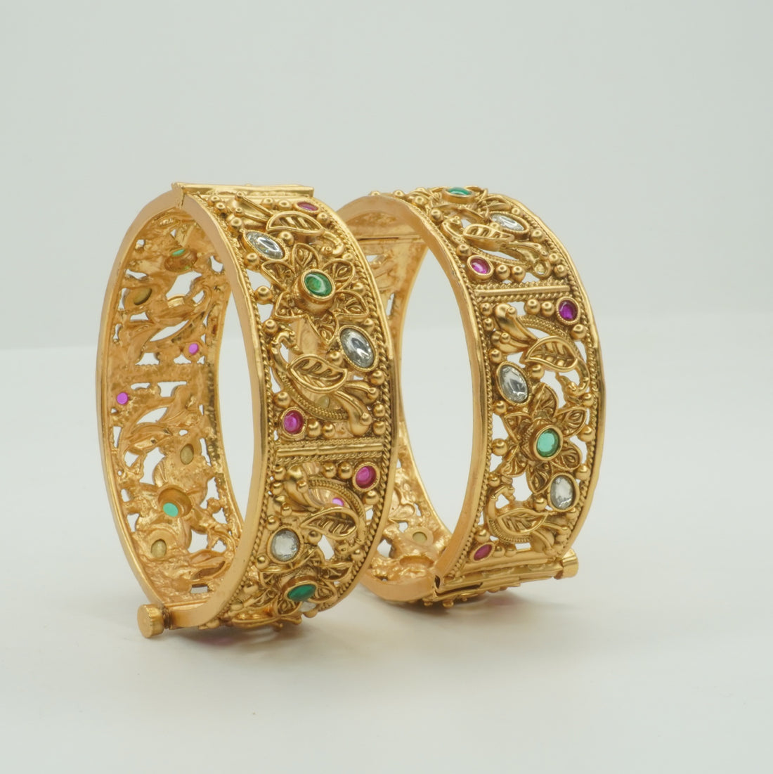 Indian Gold Plated Floral Filigree Bridal Bangles Pair with Ruby Emerald & Crystal Stones for Women