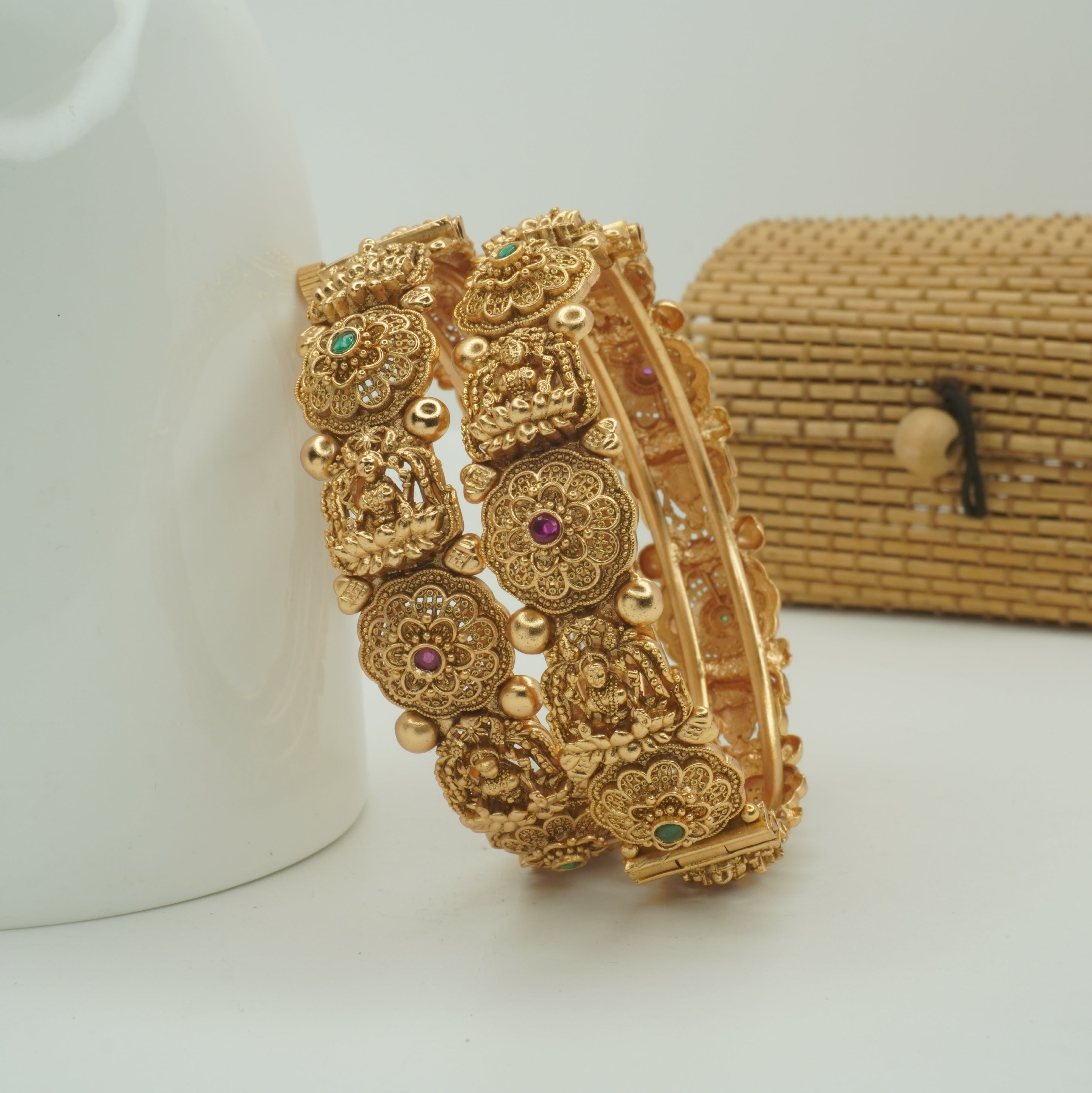 Handcrafted Indian Temple Lakshmi Gold Plated Bangles Pair | Ethnic Bridal Jewelry Gift for Women