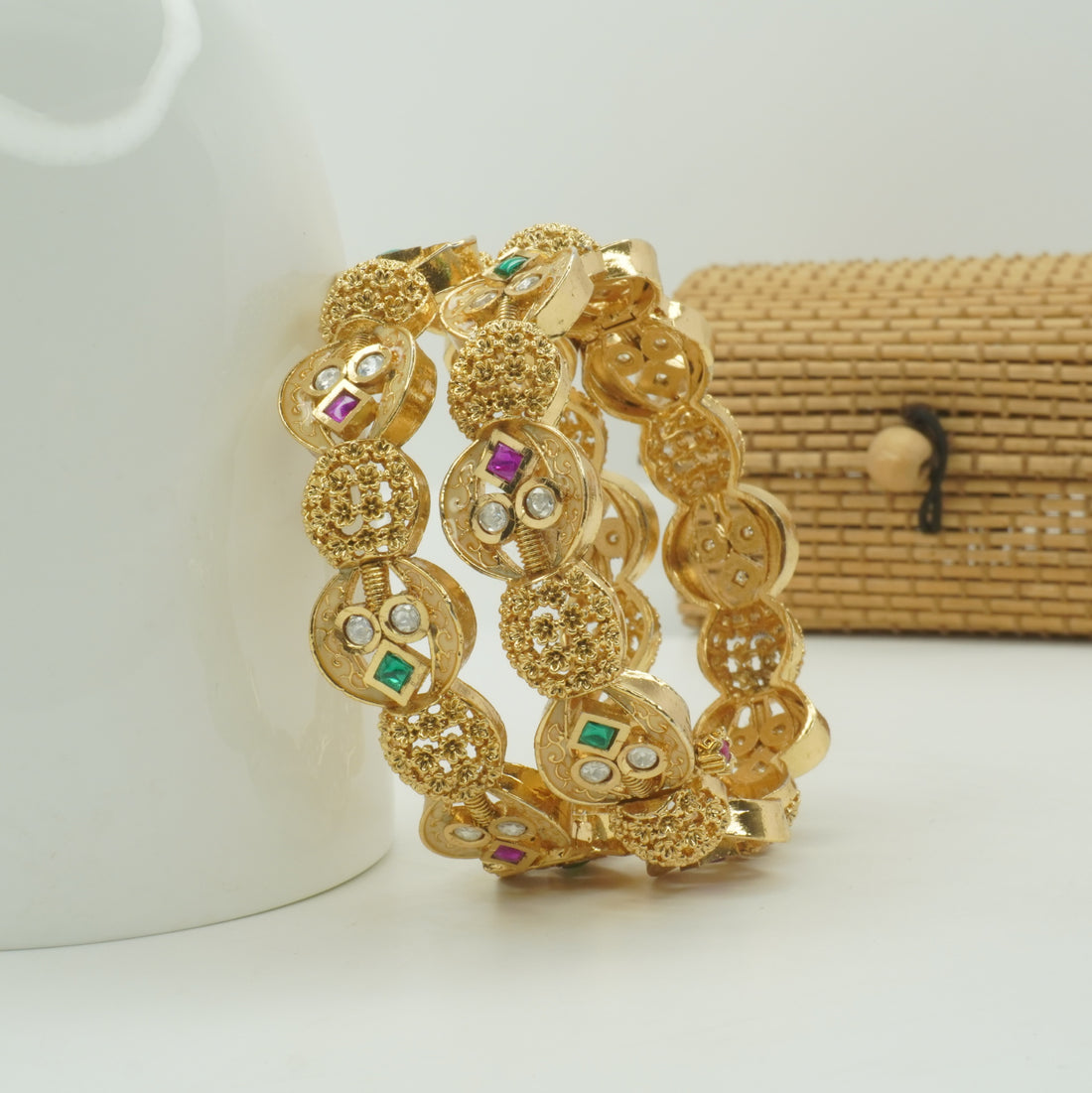 Trending Gold Plated Designer Bangles – Multicolor Stone Traditional Kangan Pair for Women