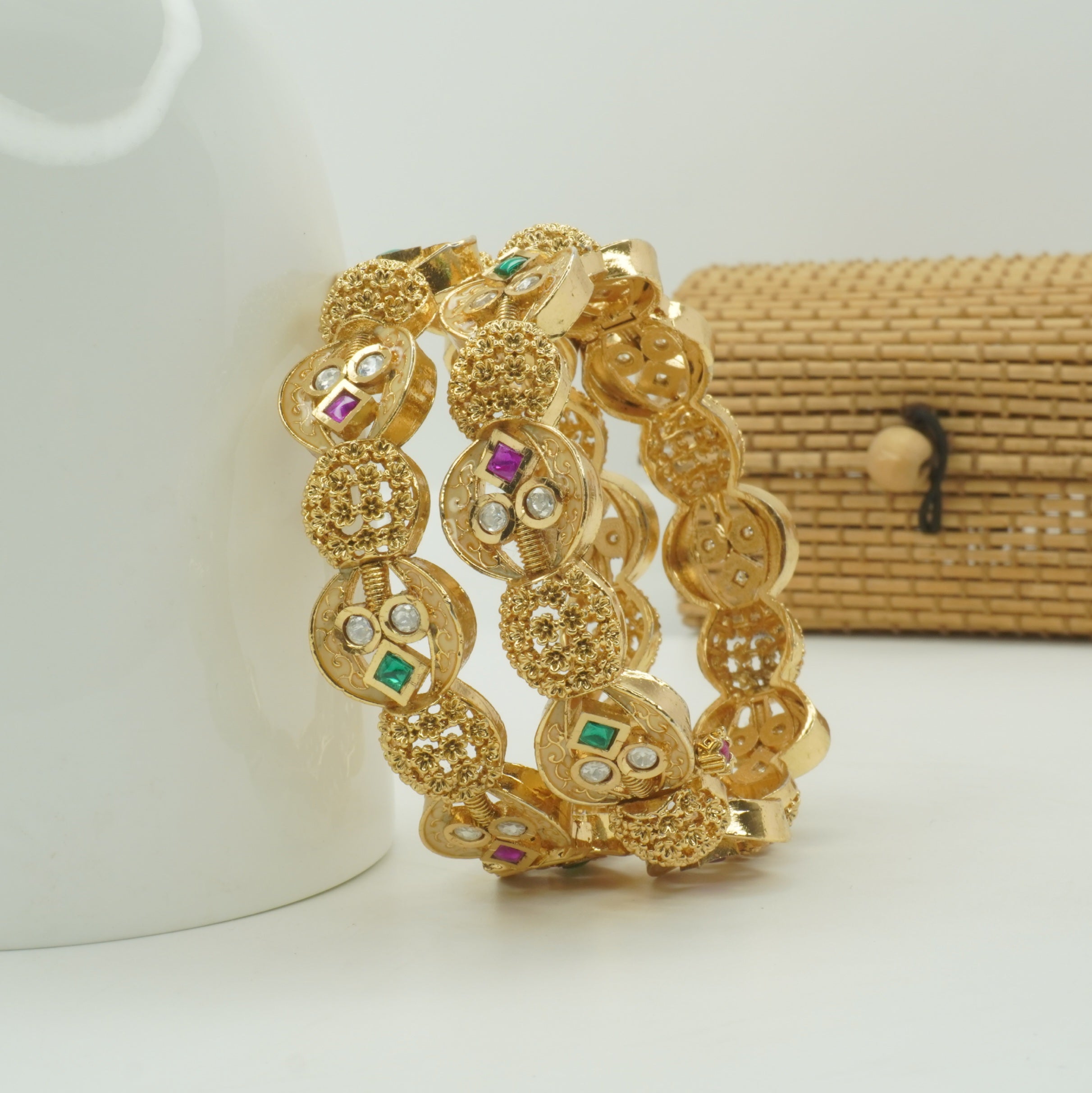 Trending Gold Plated Designer Bangles – Multicolor Stone Traditional Kangan Pair for Women