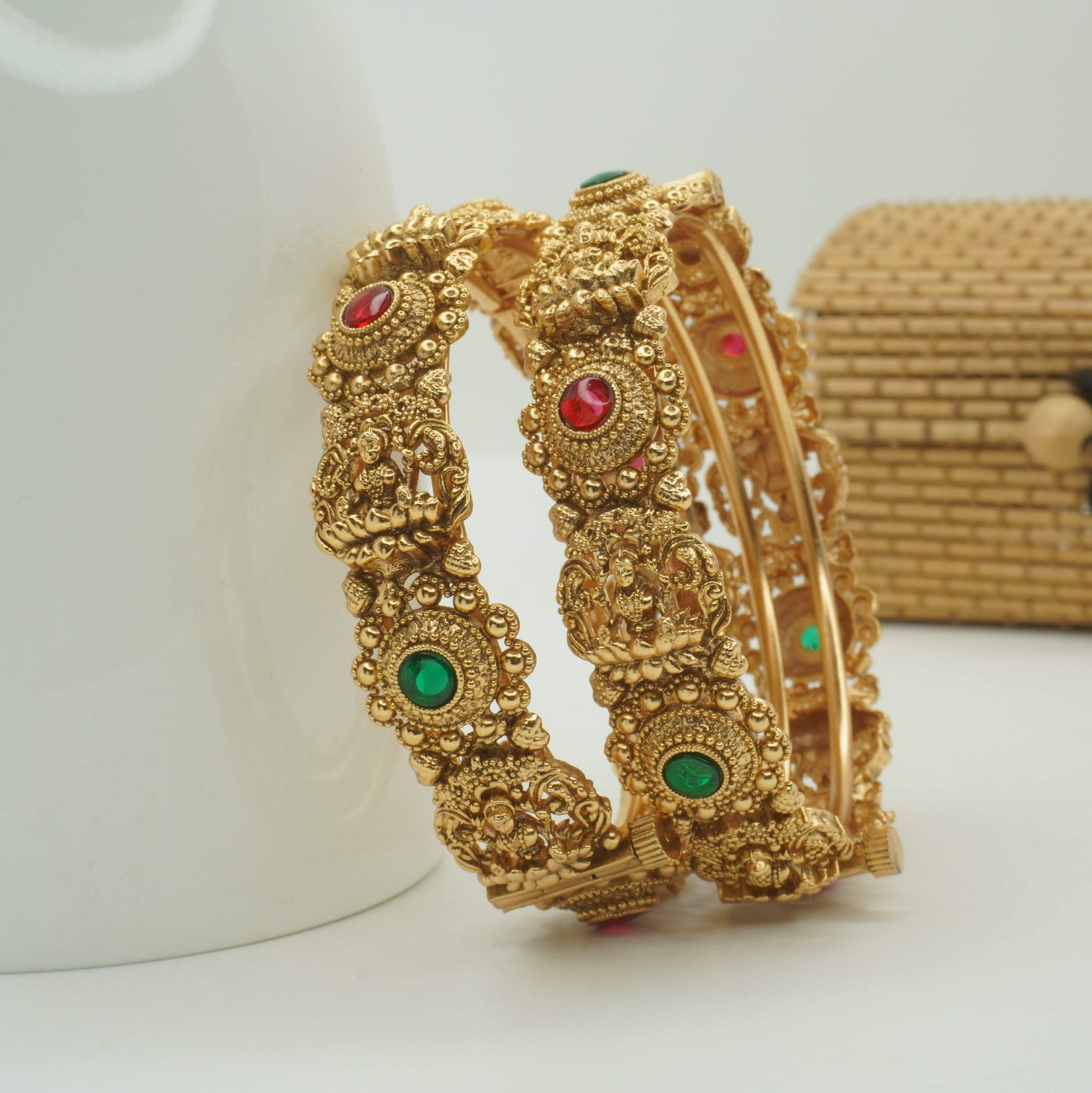 Handcrafted Indian Temple Lakshmi Gold Plated Bridal Bangles Pair with Ruby & Green Stone Ethnic Jewelry