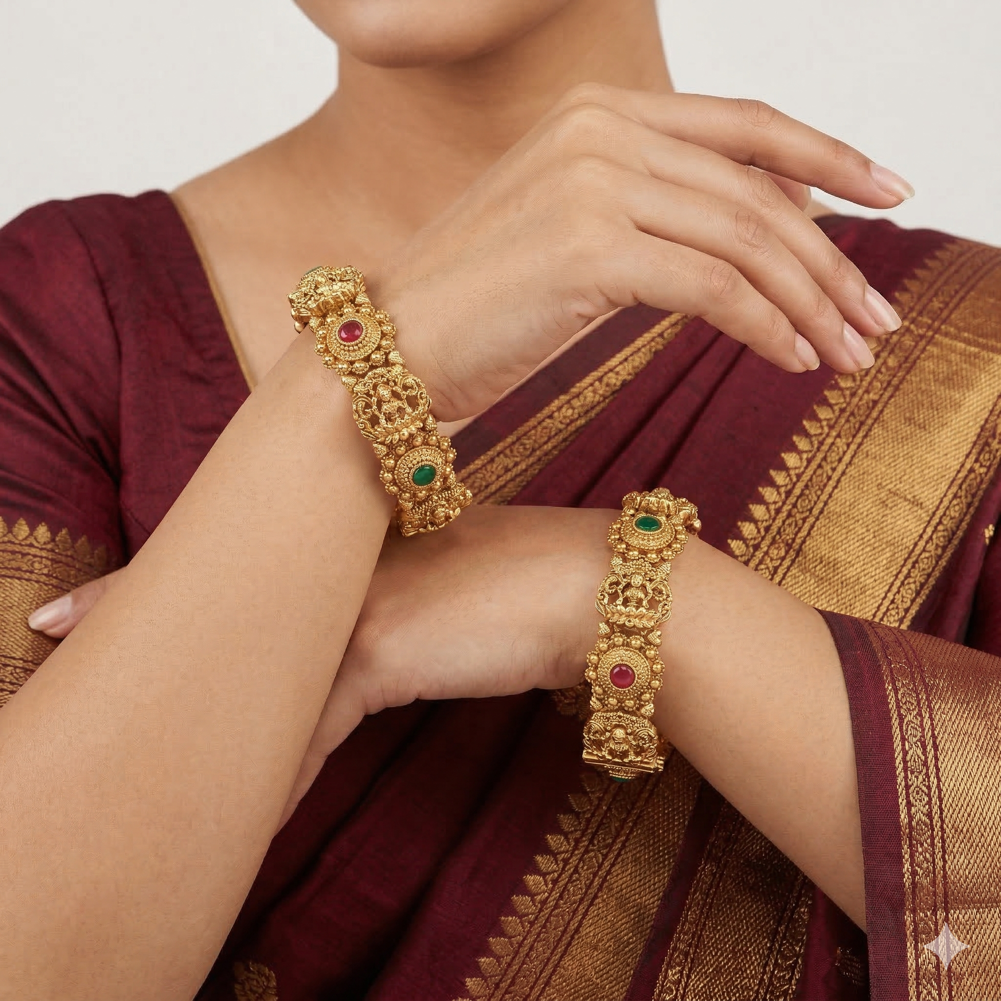 Handcrafted Indian Temple Lakshmi Gold Plated Bridal Bangles Pair with Ruby & Green Stone Ethnic Jewelry