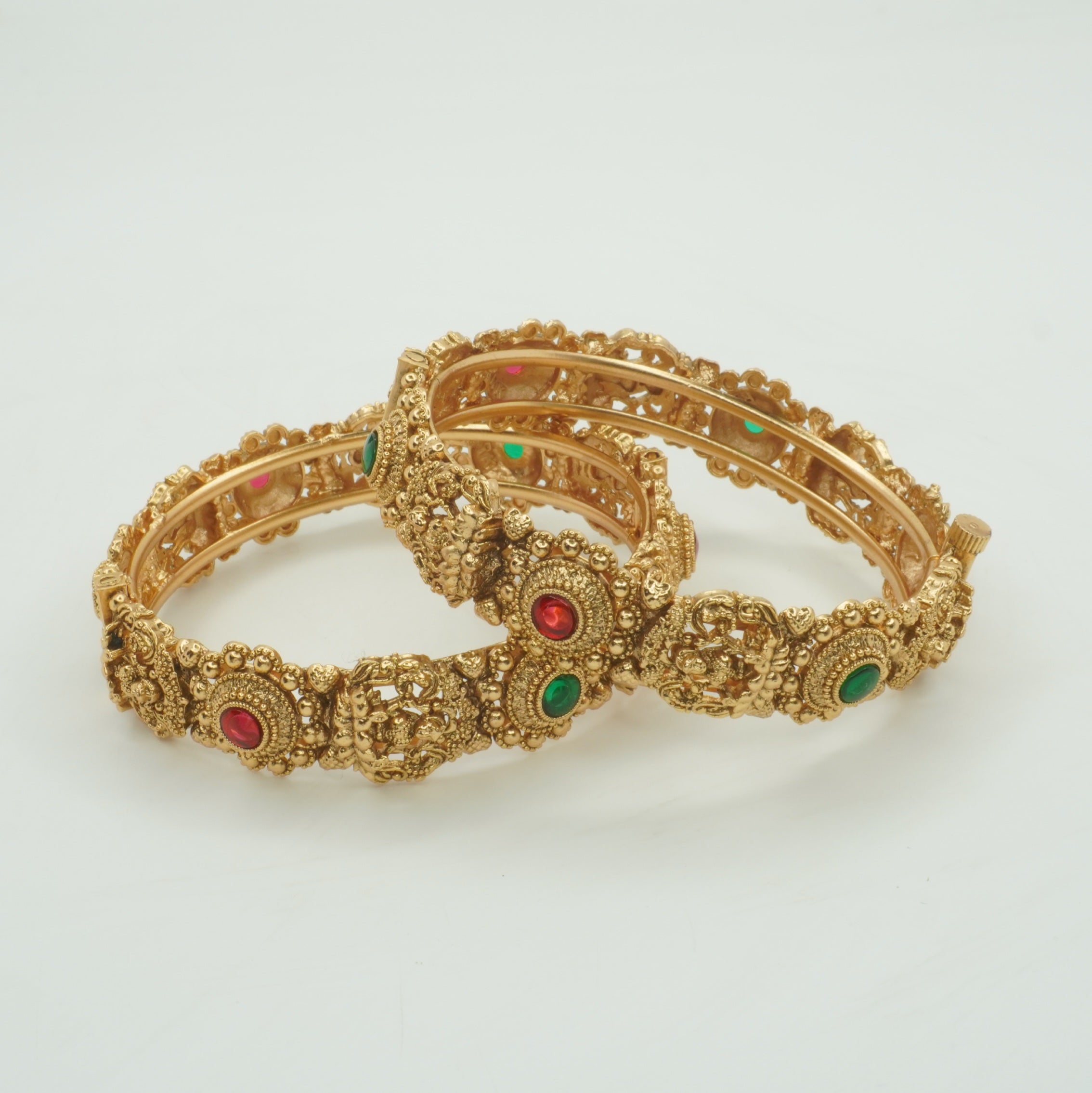 Handcrafted Indian Temple Lakshmi Gold Plated Bridal Bangles Pair with Ruby & Green Stone Ethnic Jewelry