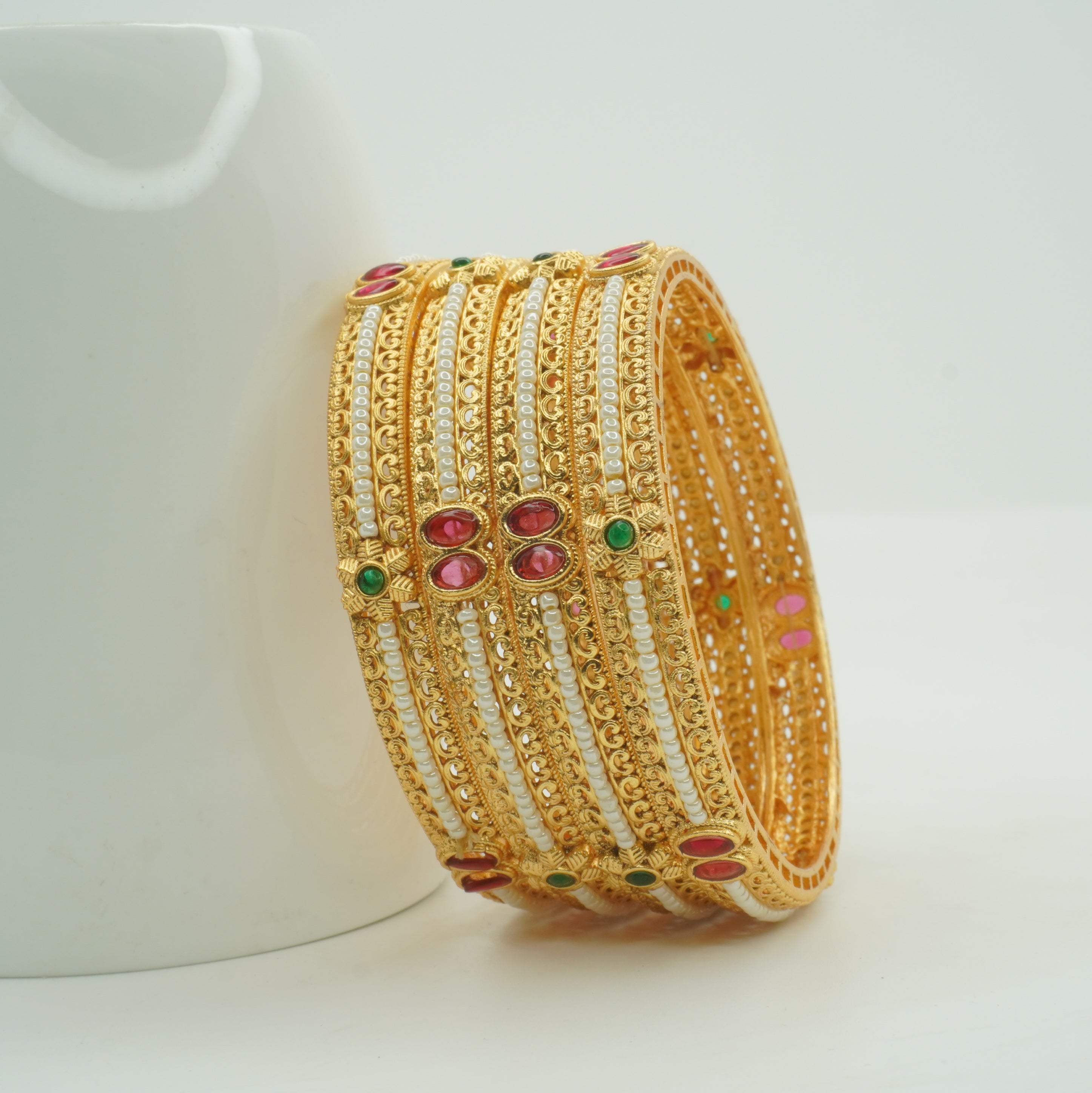 Latest Gold Plated Traditional Pearl Bangles Pair for Women Bridal Kangan Wedding Wear