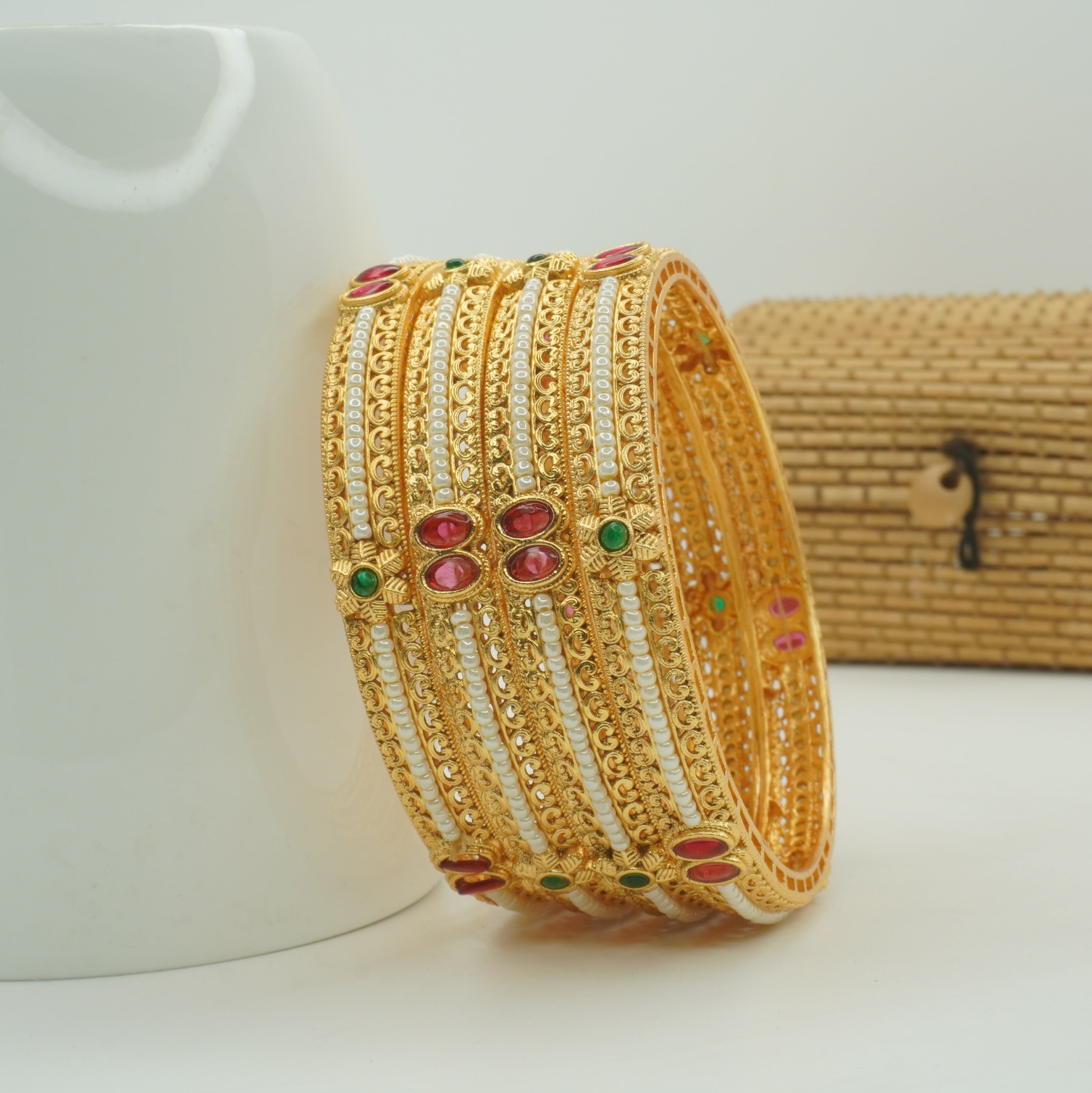 Latest Gold Plated Traditional Pearl Bangles Pair for Women Bridal Kangan Wedding Wear