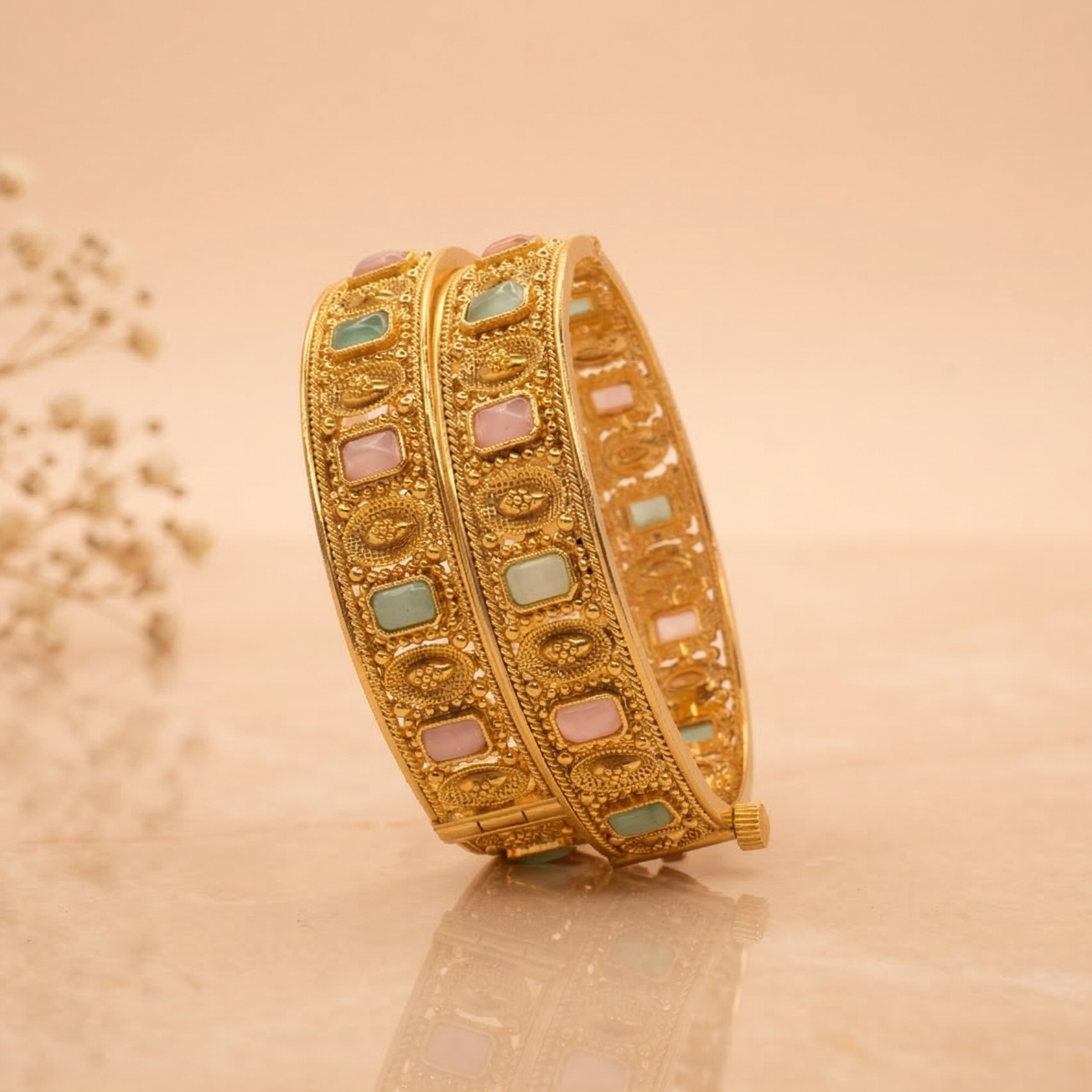 Handcrafted Indian Antique Gold Filigree Hinged Bangle Pair with Pastel Stone Inlay Ethnic Jewelry Gift for Women